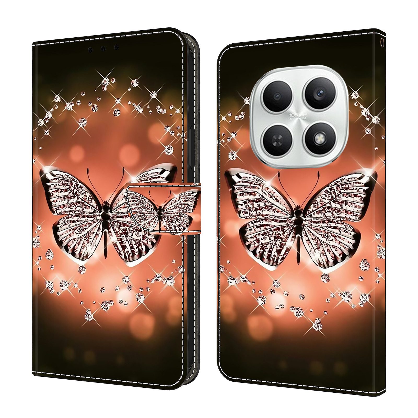 CLM-Tech Handytasche für Xiaomi Redmi Note 15 5G Klapphülle aus PU Leder (Schmetterling Diamanten Muster, 1-tlg., Flip Case), Magnetverschluss, Standfunktion und Kartenfächer