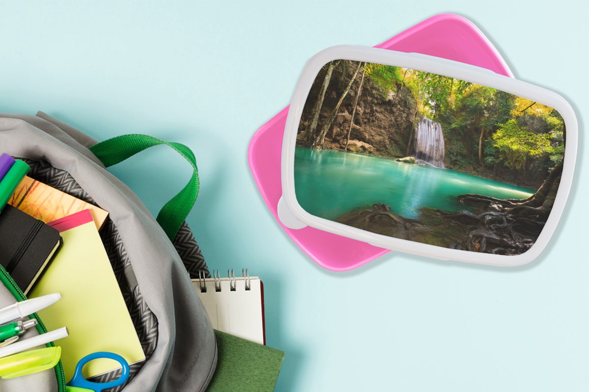 (2-tlg), Brotdose Mädchen, einem Sonnenlicht rosa Erawan-Nationalpark, Brotbox Lunchbox an Kunststoff, Erwachsene, im für Thailand, Kinder, Wasserfall Snackbox, MuchoWow Kunststoff