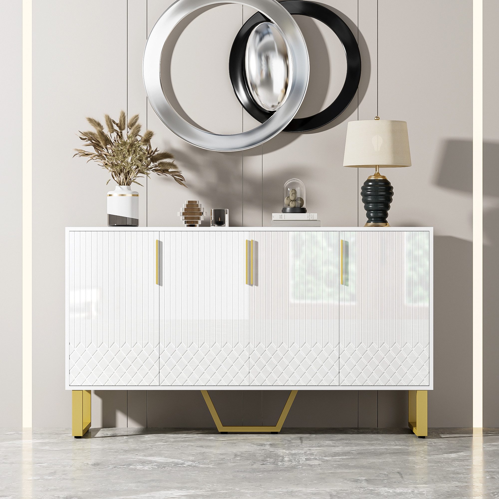 BlingBin Sideboard Kommode, 140 cm Hochglanz Sideboard, Buffetschrank, Weiß (1er Set, 1 St., 140 x 40 x 80 cm, 4 Türen, Metallgriffe und -beine), mit Griffen und Beinen aus Metall, für Wohnzimmer, Esszimmer