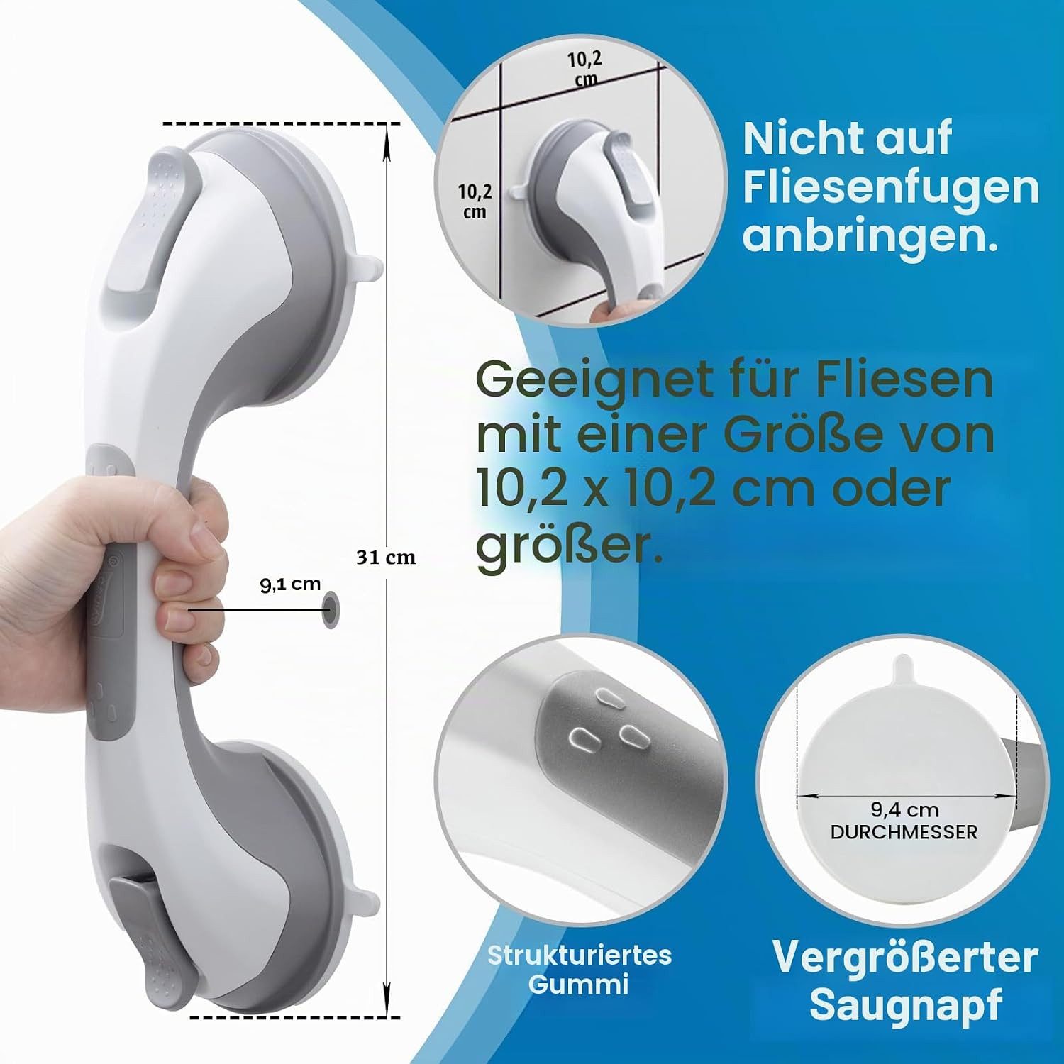 FELIXLEO Haltegriff Duschgriff 31cm Saugnapf ohne Bohren Senioren Badewanne 110kg – Bild 4 von 5