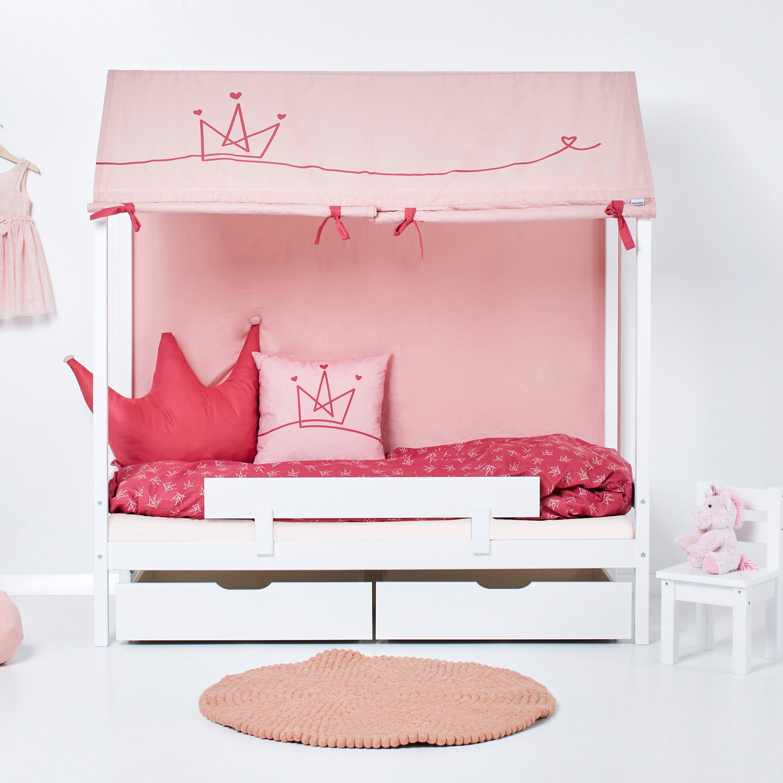 Hoppekids Kinderbett ECO Comfort Bett, Hausbett mit Dach wahlweise mit Rausfallschutz
