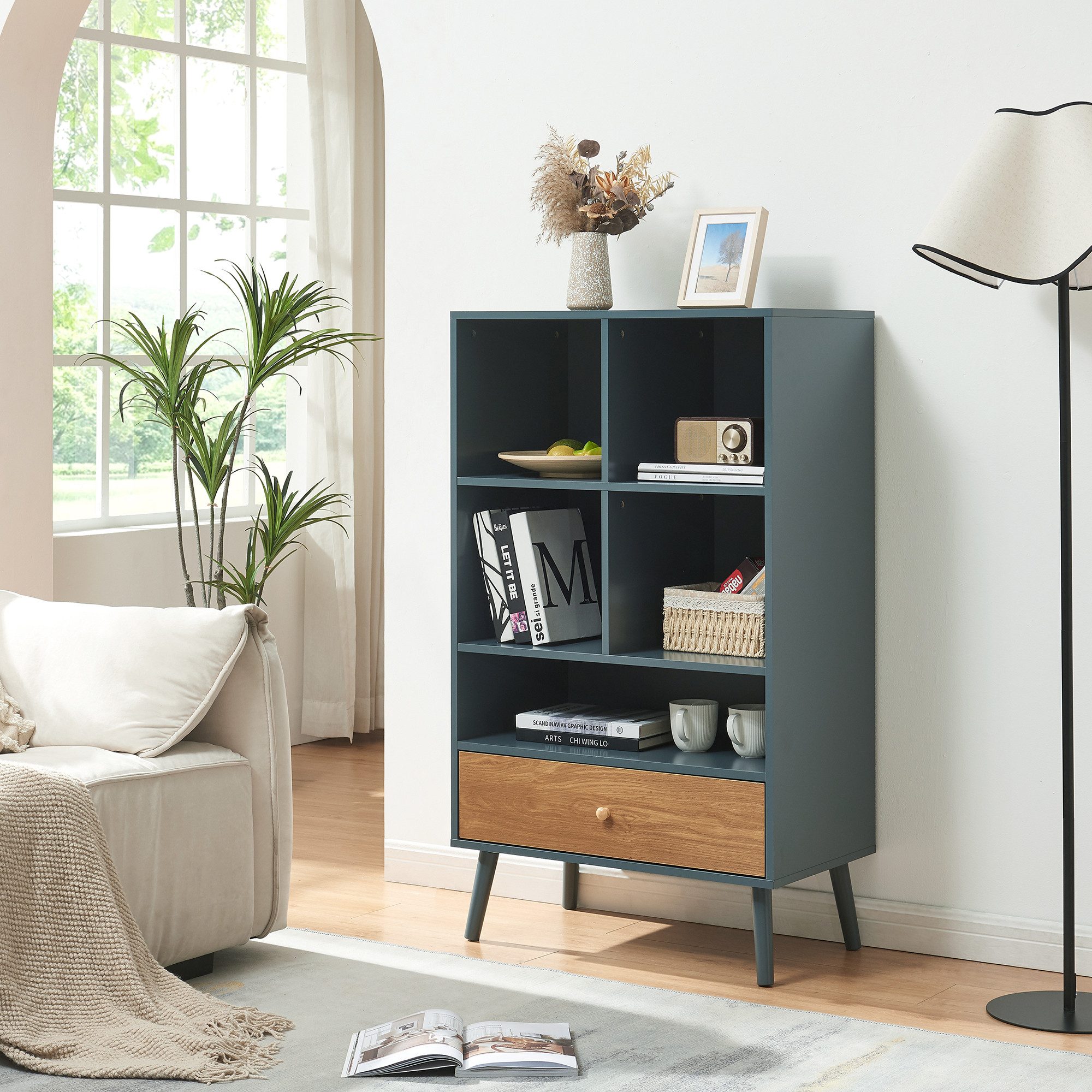 en.casa Bücherregal, »Reyljand« mit Schublade 120x70x40 cm Grau/Eicheoptik