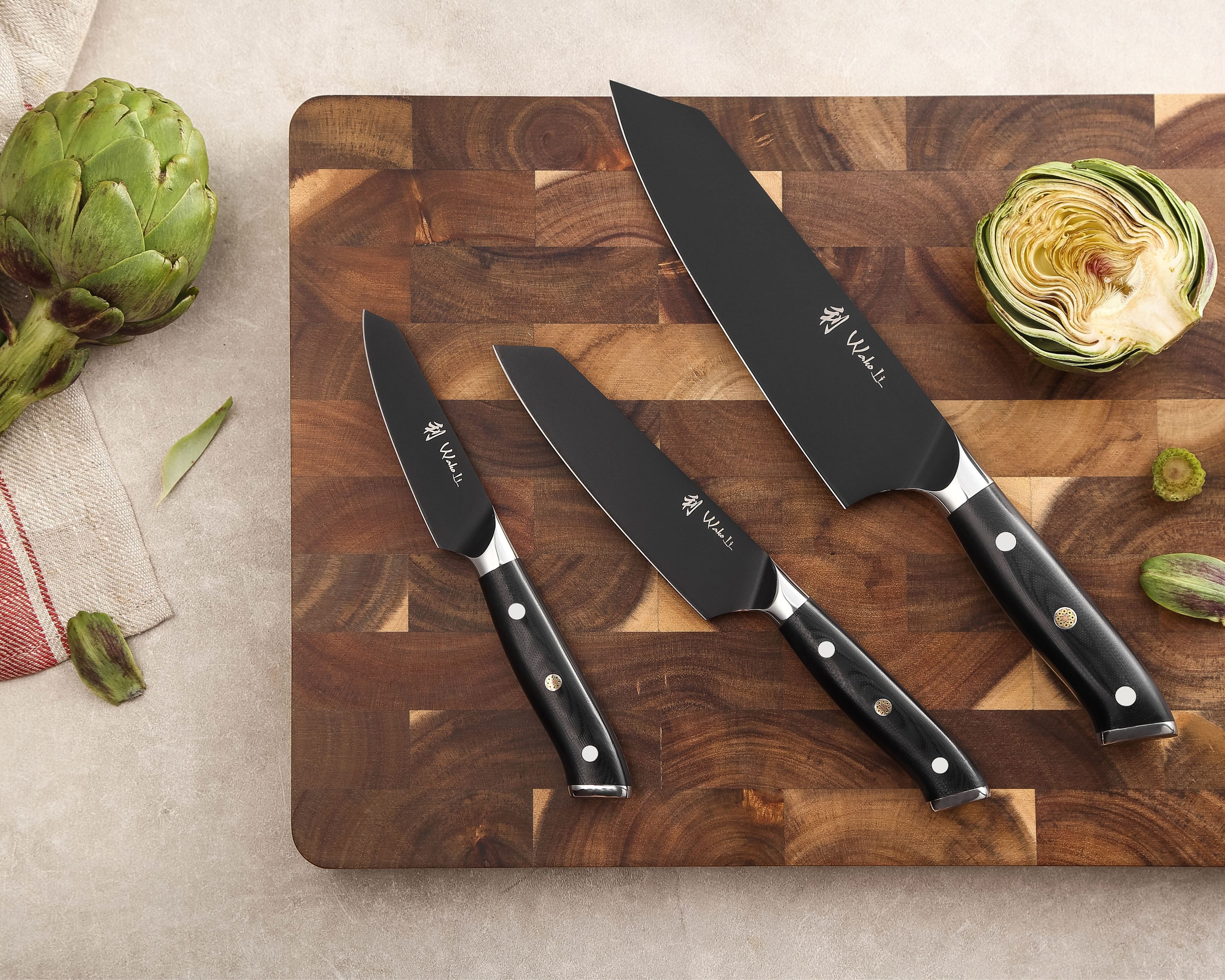 Wakoli Messer-Set Titanium Noir 3er Set Küchenmesser 8-17cm Klingen, G10 Griff, Holzbox (3er Edelstahlmesser-Set, 4-tlg., 3 Edelstahlmesser, Fingerschutz), schwarze Titanbeschichtung
