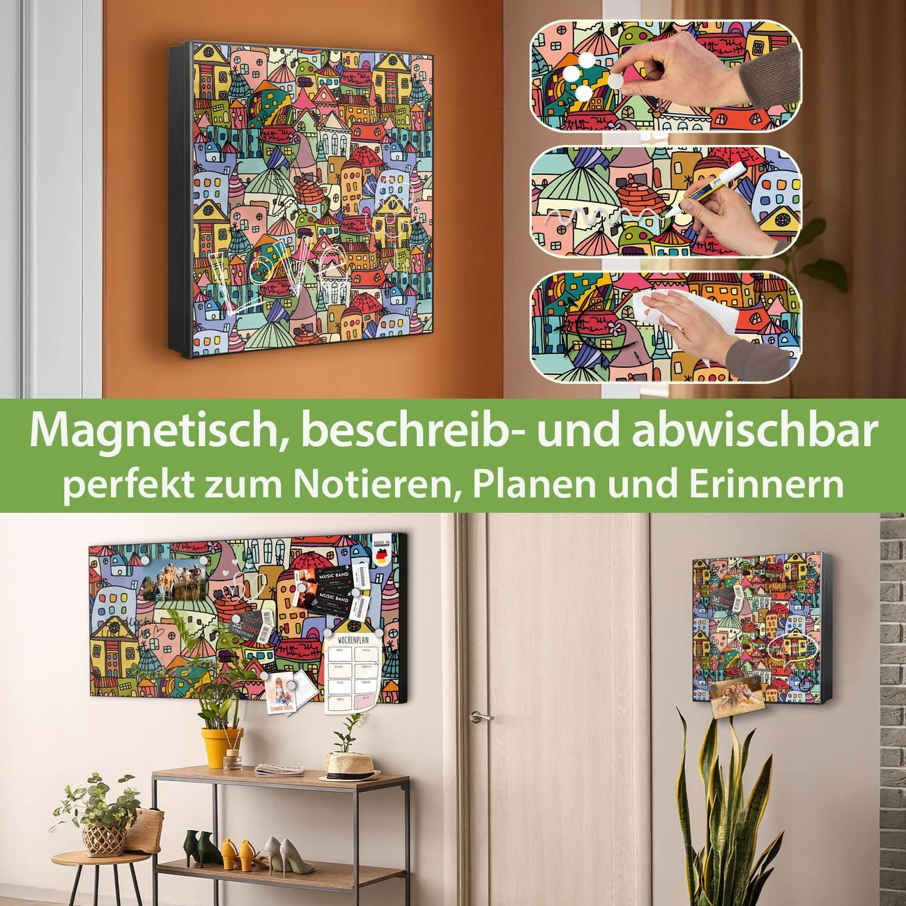 banjado Schlüsselkasten aus Metall mit Motiv Funky Town (Stahl Gehäuse, mit 32 Haken, beschreibbar & magnetisch), 30 x 30 x 5 cm