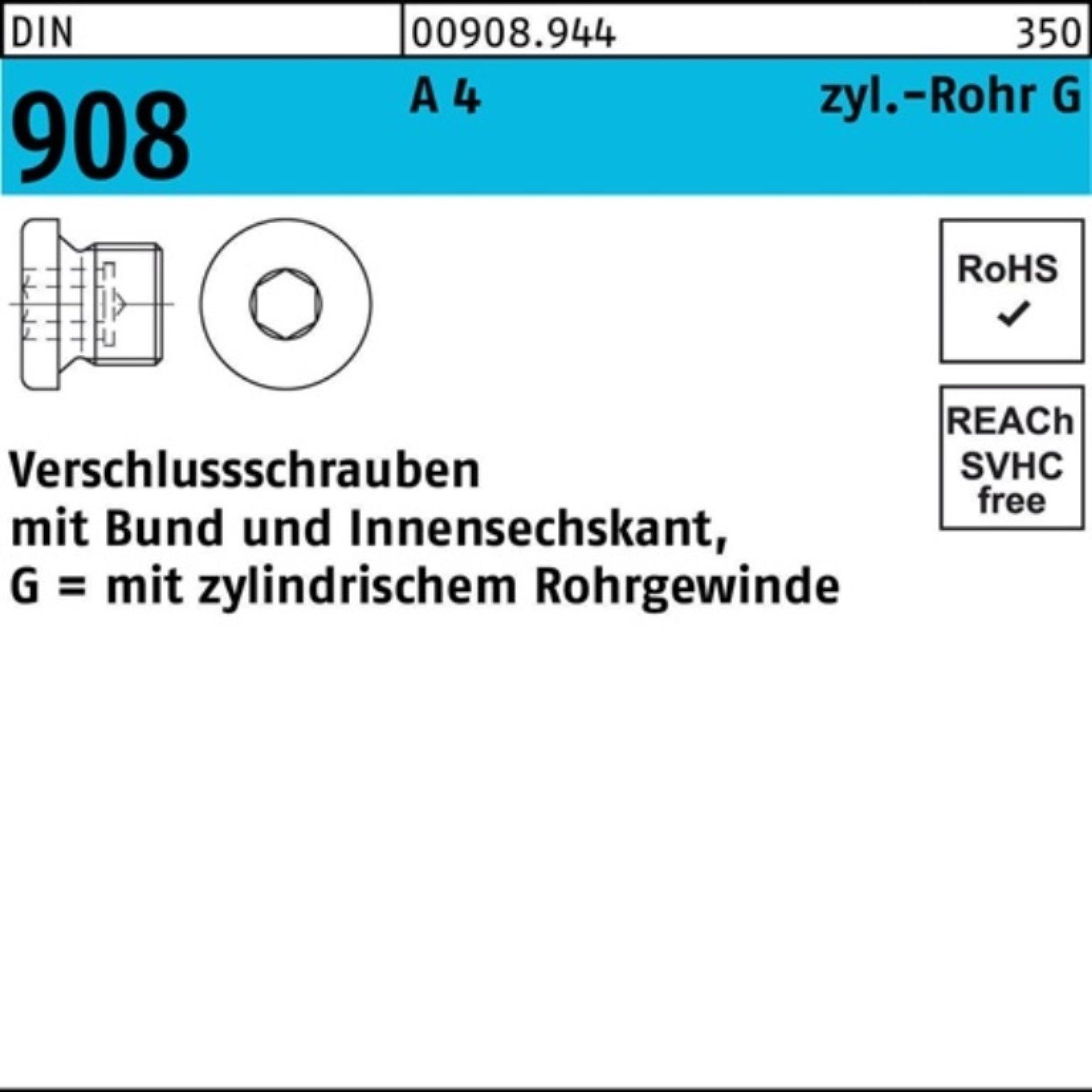 Reyher Schraube 100er Pack Verschlußschraube DIN 908 Bund/Innen-6kt G 3/8 A A 4 1 St