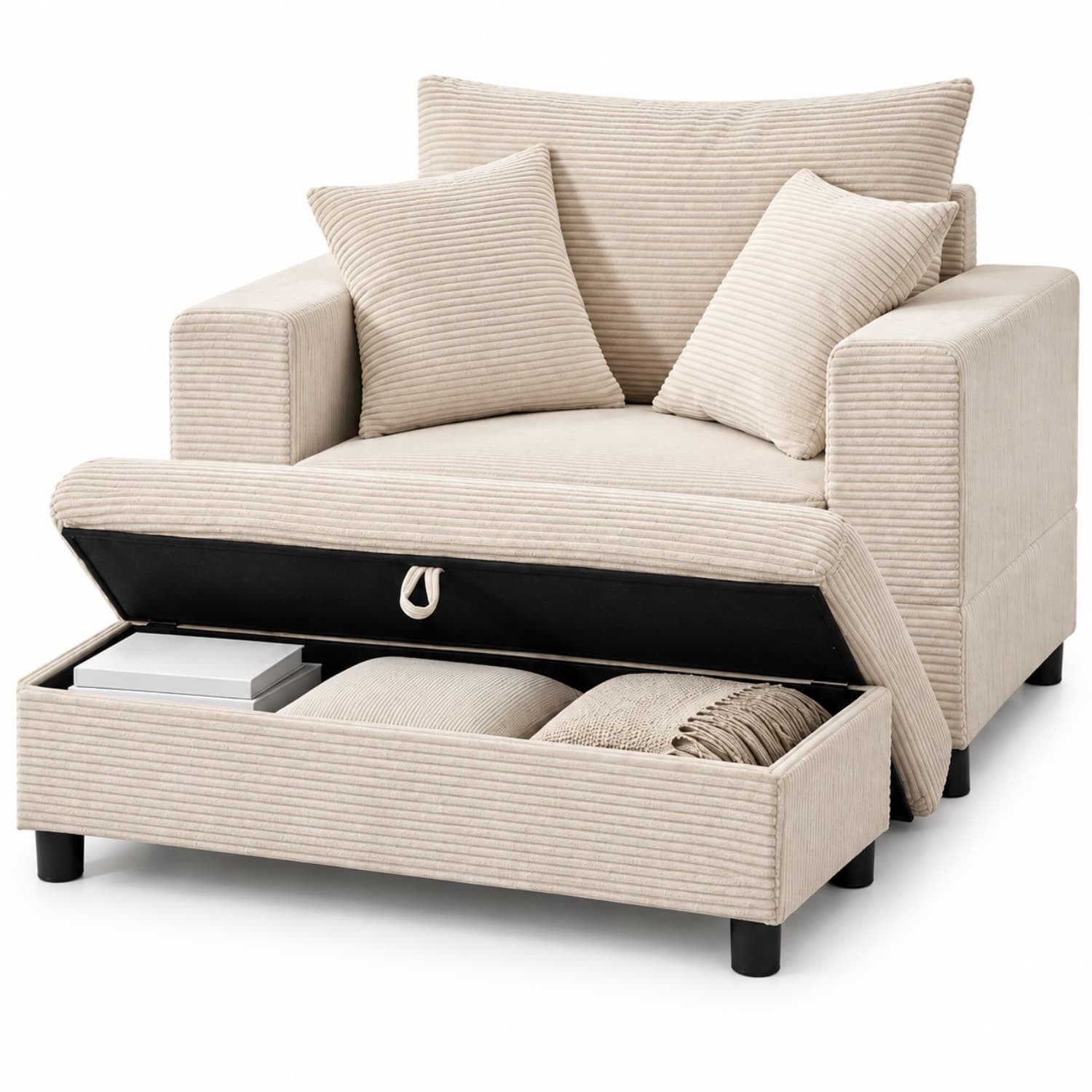 ANYSUN XXL-Sessel Loveseat mit Stauraumhocker, breiter Sitzfläche & 3 Rückenkissen (2-St), Cordsessel mit gepolsterten Armlehnen für Wohnzimmer & Leseecke,Beige