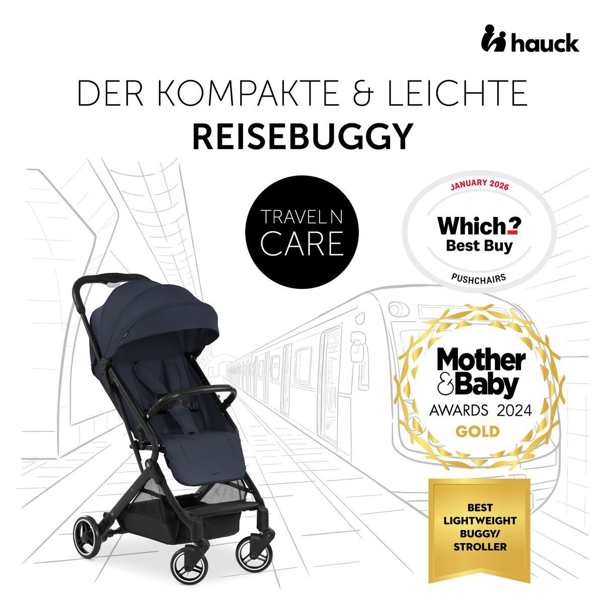 Hauck Kinder-Buggy Travel N Care - Navy Blue, Reisebuggy Sportwagen mit Liegefunktion inkl. Lenkrad bis 22 kg