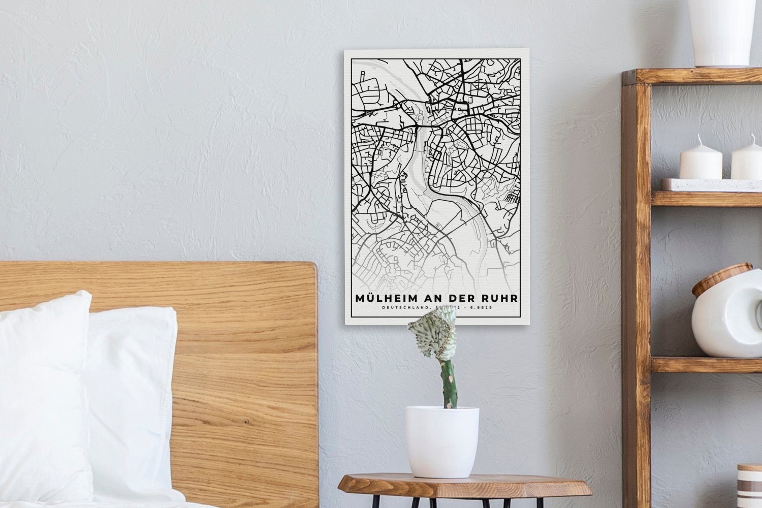 Karte (1 fertig OneMillionCanvasses® Karte - Mülheim Gemälde, Leinwandbild St), - der an Leinwandbild Stadtplan, inkl. 20x30 Zackenaufhänger, bespannt cm Ruhr -