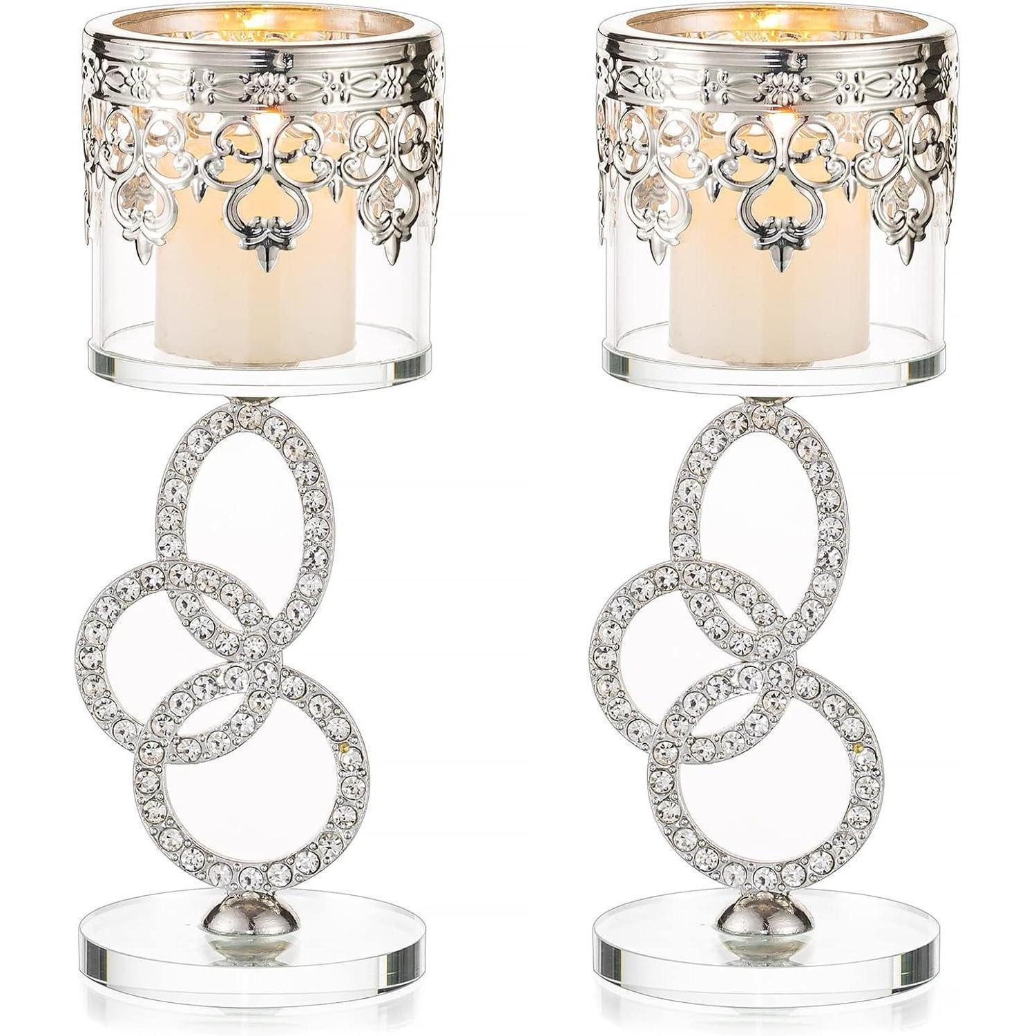 LuxusKollektion Teelichthalter Kristall Glas Teelichthalter, 2er Set Silber Stumpenkerzen Metall