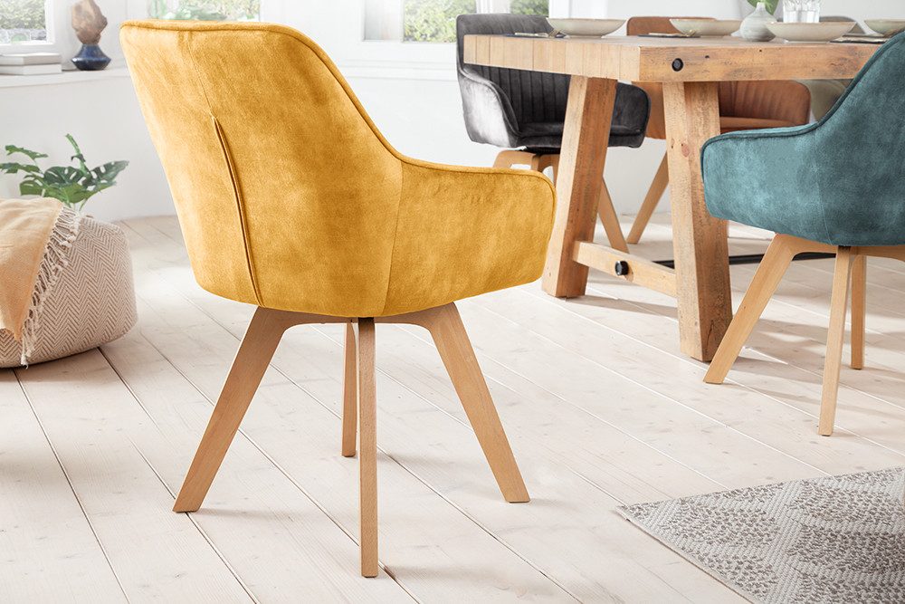 riess-ambiente Polsterstuhl LIVORNO senfgelb/natur – Samt, drehbar, Holz-Beine, mit Armlehne (Einzelartikel, 1 St), mit 180° Drehfunktion und Autoreturn – ideal für Dein Esszimmer