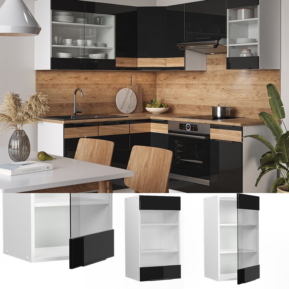 Vicco Glashängeschrank Fame-Line, Schwarz Eiche hochglanz/Weiß, günstig online kaufen