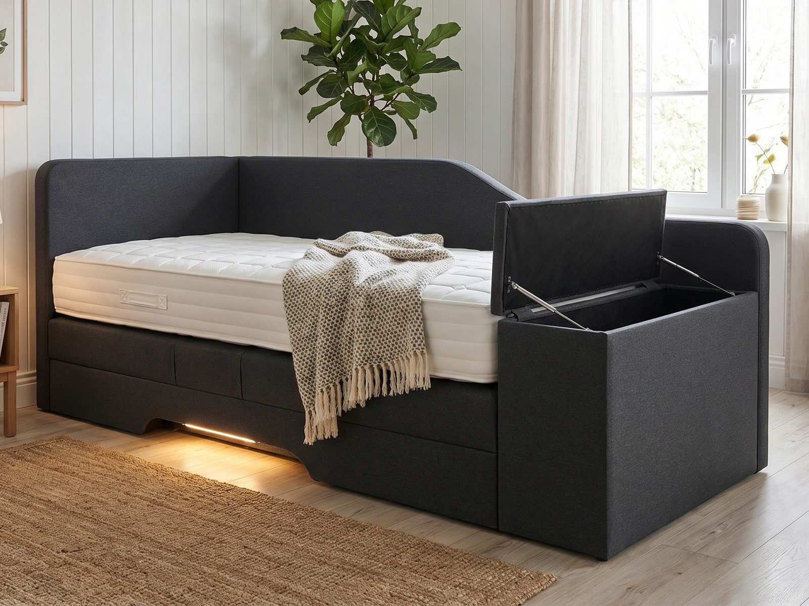 PAARA Boxspringbett mit Bettkasten und LED Beleuchtung, inkl. Matratze, mit einzigartigem Belüftungssystem