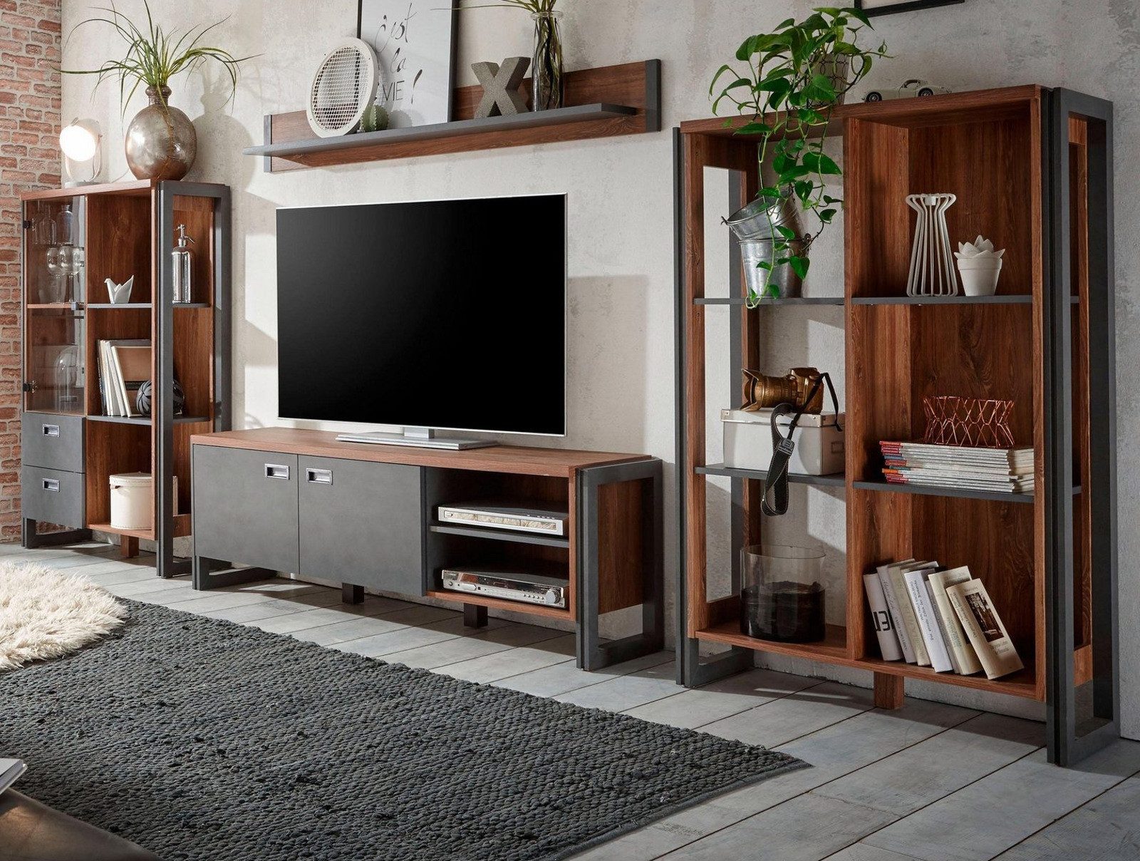 Furn.Design Wohnwand Auburn, (Schrankwand in Eiche Stirling und grau Matera, 4-St., 356 x 170), Industrial Design