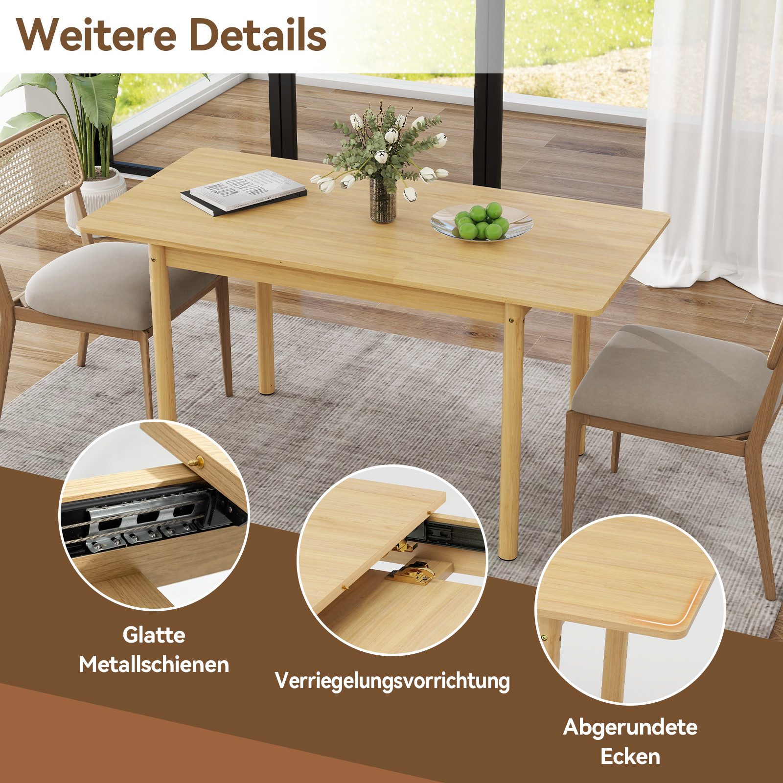 Puluomis Esstisch ausziehbar Massivholz mit Stauraum, 105-145cm verstellbar (für 2-6 Personen, 120kg tragfähig für Wohnzimmer Esszimmer natur) – Bild 5 von 5