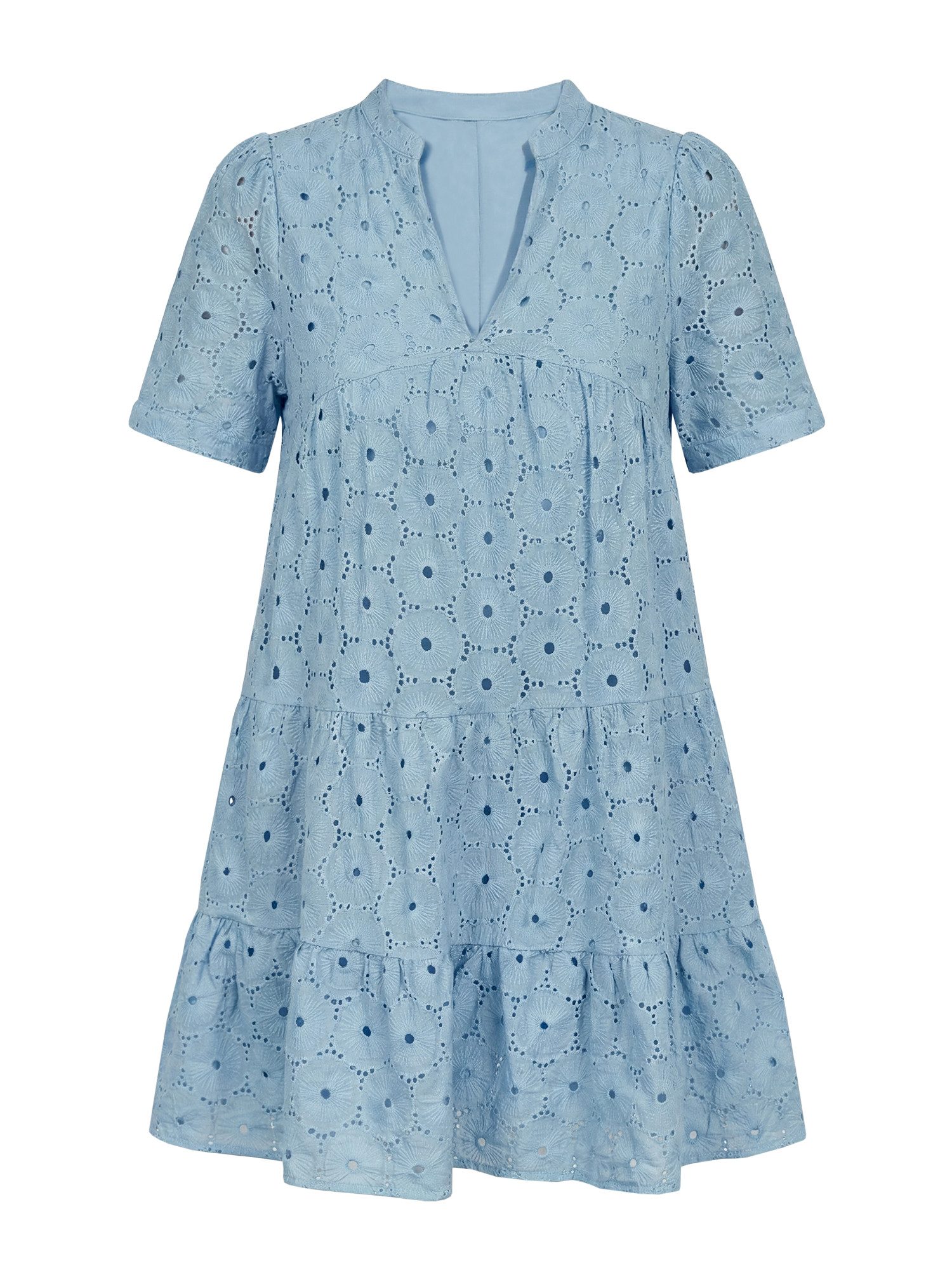 Imily Bela Spitzenkleid Damen Lochstickerei Freizeitkleid mit Puffärmeln (Packung, 1-tlg., 1per-Pack) mit V-Ausschnitt