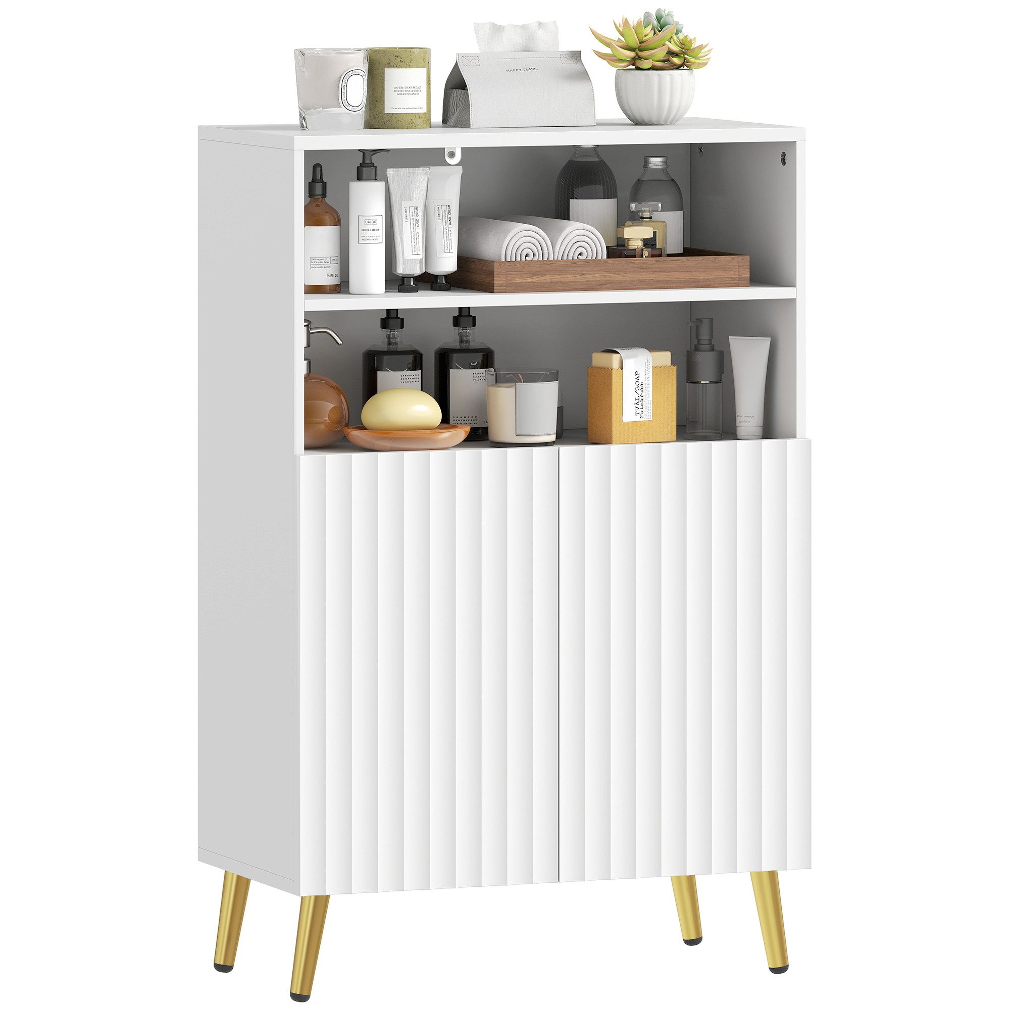 HOMCOM Badkommode mit Soft-Close-Türen, 2 offene Regale (Badschrank, 1 St., Aufbewahrungsschrank), für Badezimmer, Wohnzimmer, Weiß