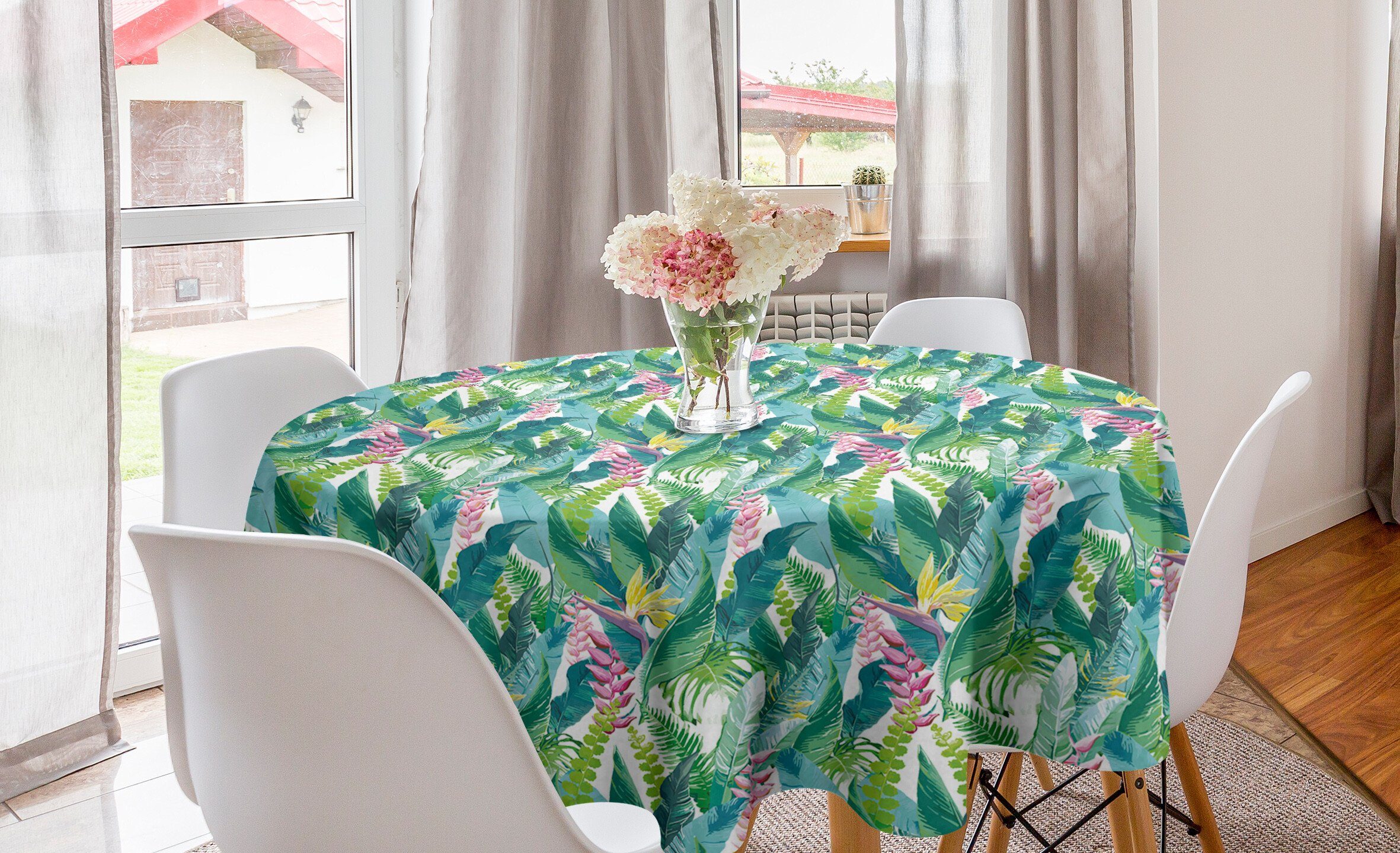 Abakuhaus Tischdecke Kreis Tischdecke Abdeckung für Esszimmer Küche Dekoration, Tropisch Fern und Monstera Leaves