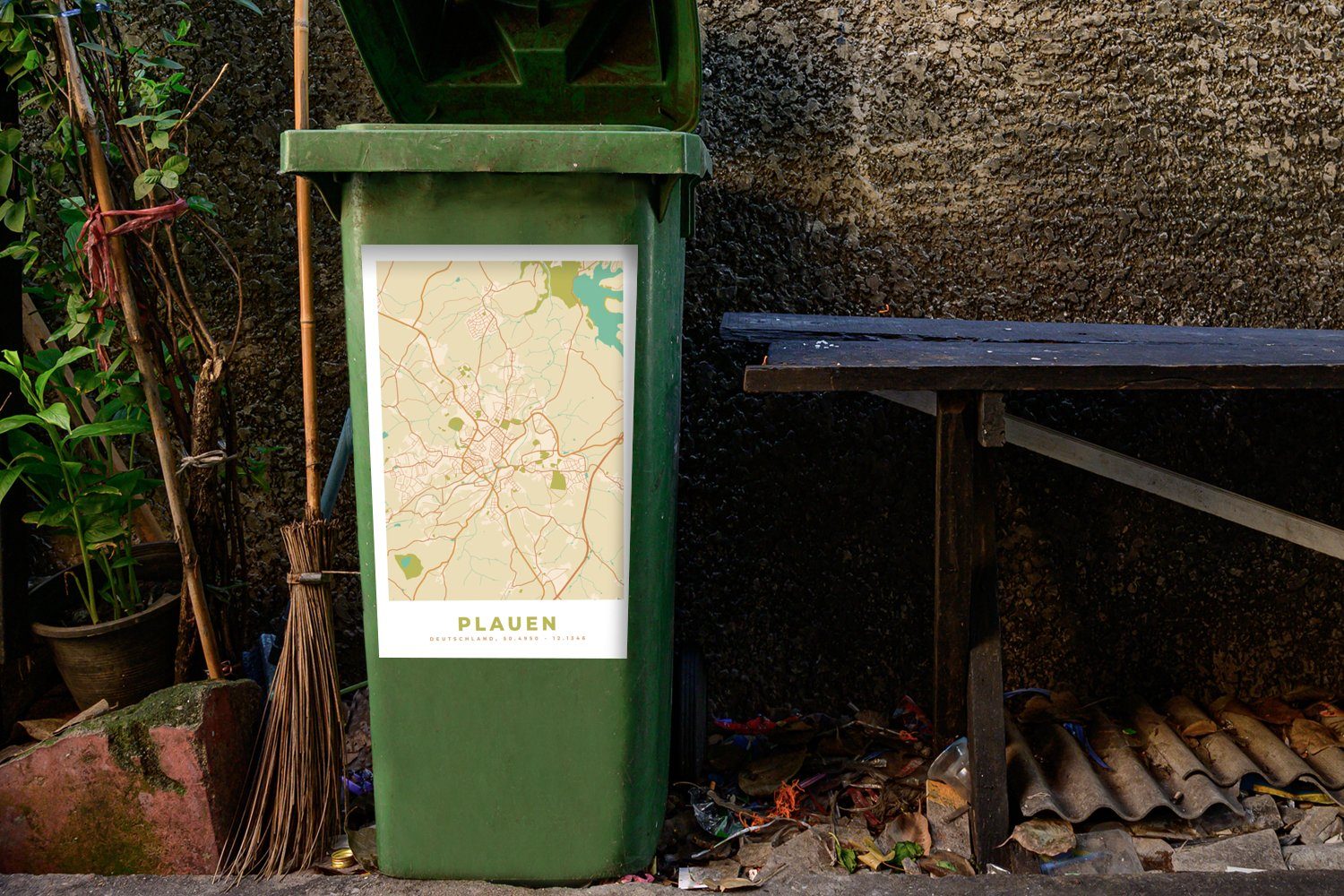 - Mülleimer-aufkleber, Wandsticker MuchoWow Karte Plauen - Container, Vintage Mülltonne, - (1 Abfalbehälter St), Stadtplan Sticker,