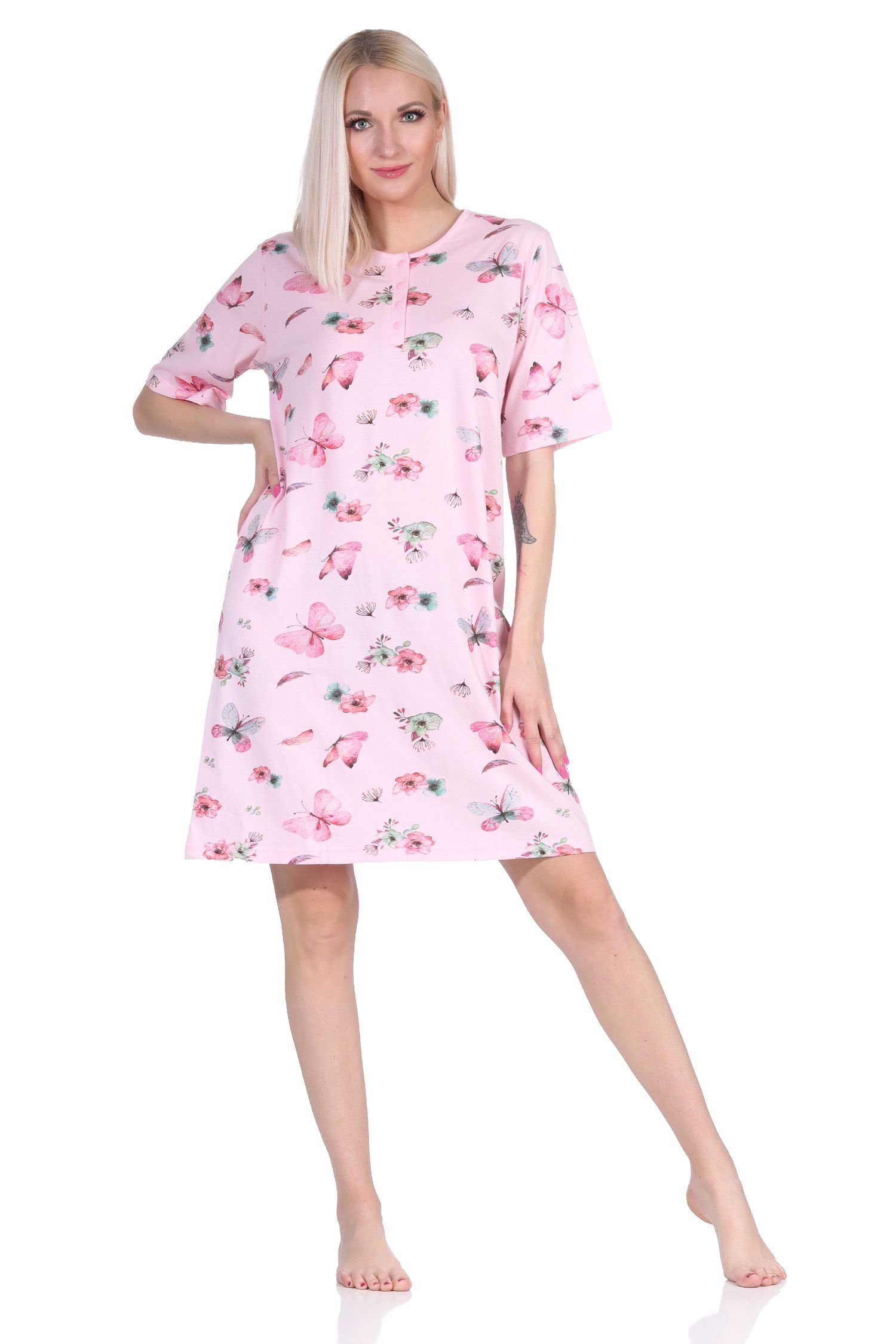 Normann Nachthemd Damen kurzarm Nachthemd in floralem Schmetterlings Print - 122 212 rosa | Nachthemden