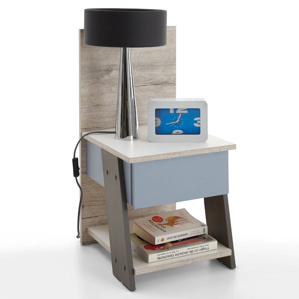 Lomadox Nachttisch LEEDS-10, Sandeiche Nb./weiß/Lava/Denim 34x69,5x39 cm