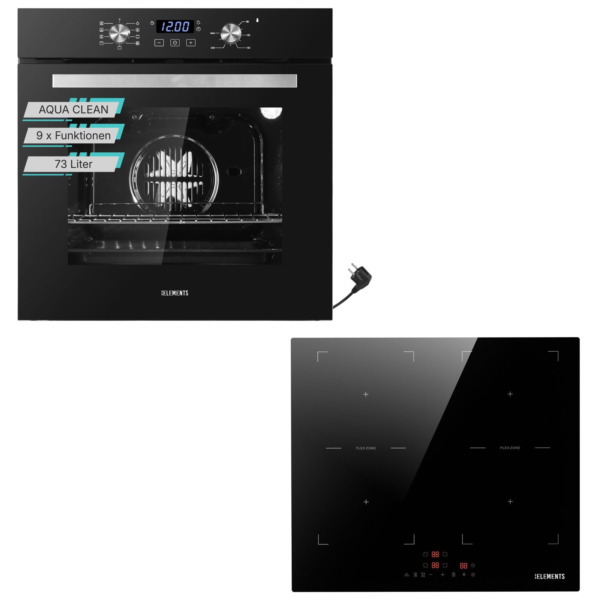 KB Elements Backofen-Set Einbaubackofen 60 cm mit 4-Zonen Induktionskochfeld 60cm, AQUA CLEAN, Aqua Clean, Circle Fan Heater, 2 x Flexzonen