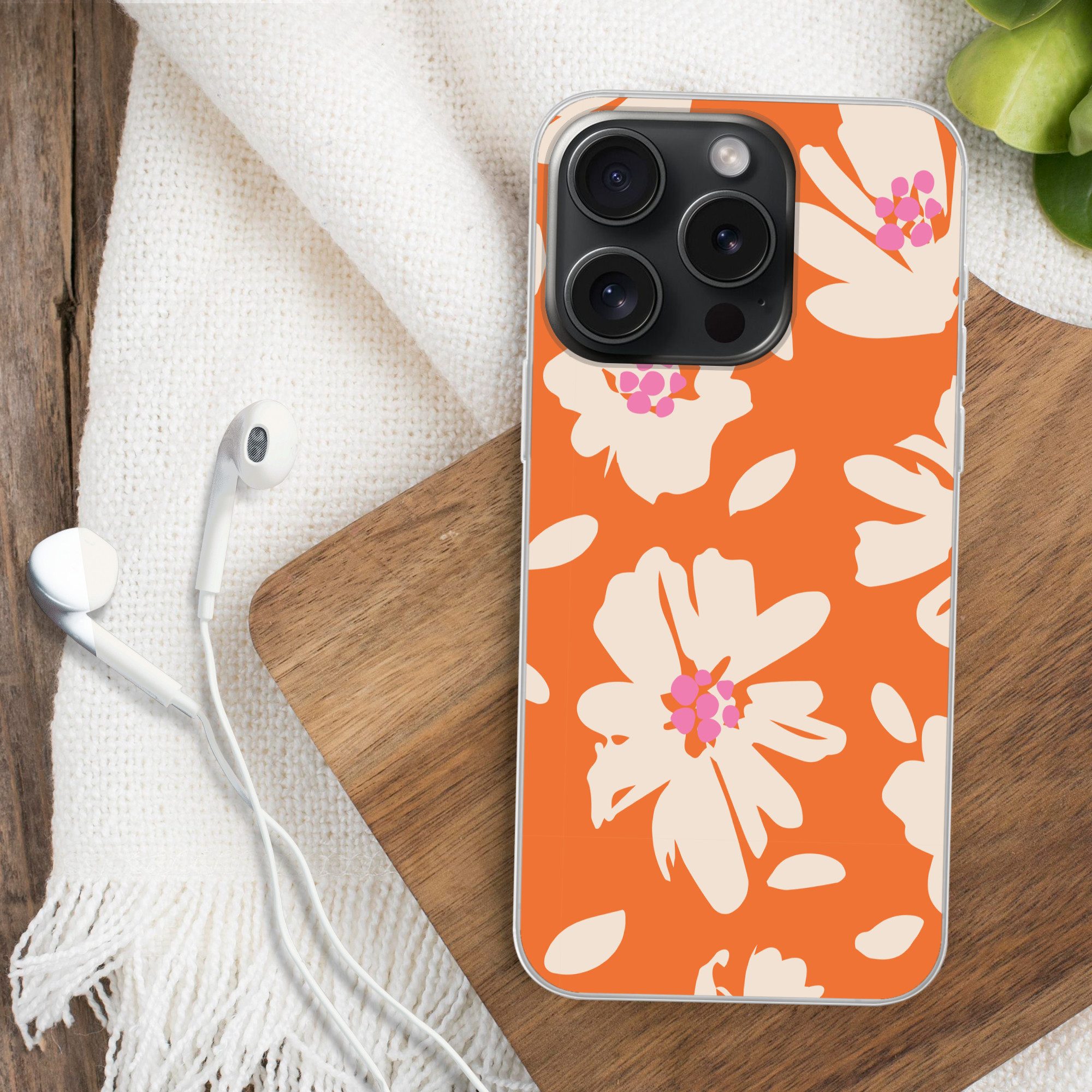 MuchoWow Handyhülle für Apple iPhone 15 Pro Blumen - Orange - Beige - Rosa - Abstrakt, Smartphone-Bumper, Print, Handy Schutzhülle Dünn