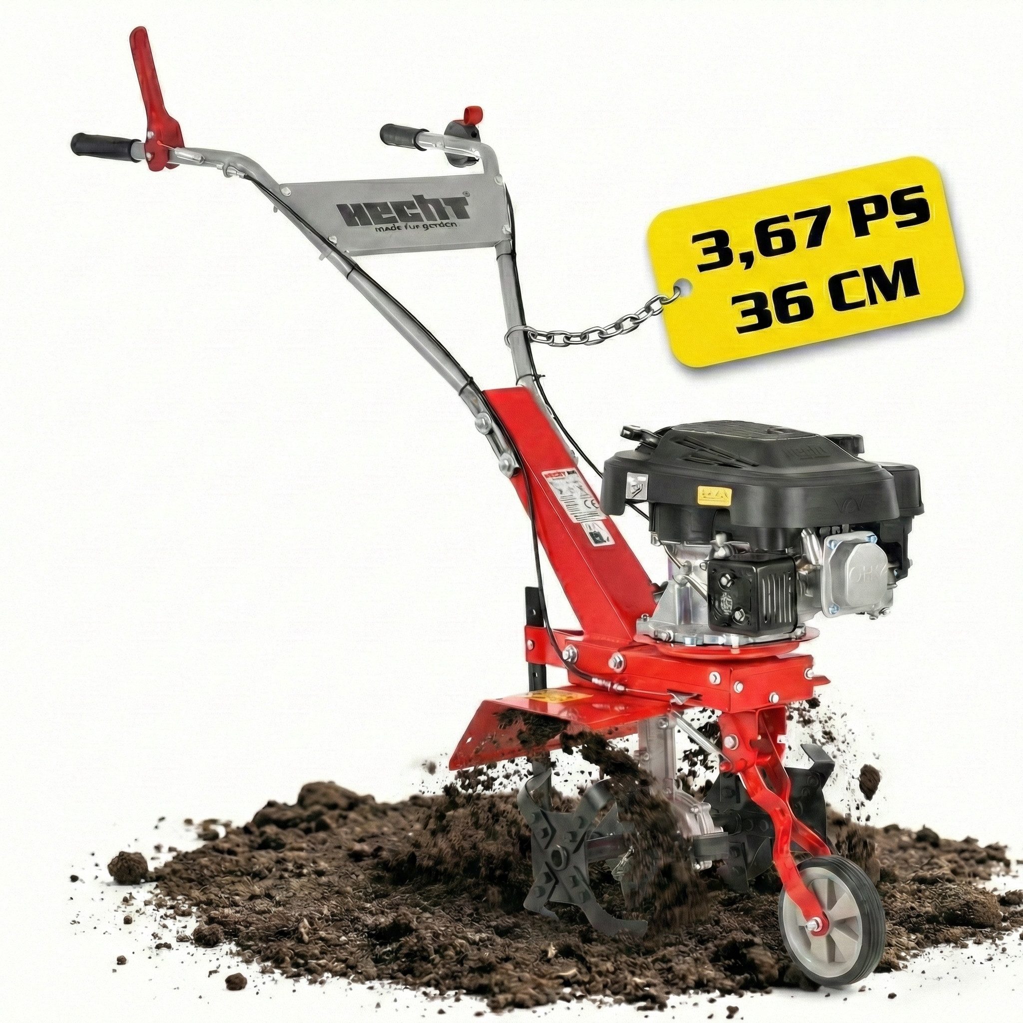 Hecht Gartenhacke Gartenfräse Benzin 761 mit Führungsrad 24 cm Arbeitstiefe, 3,67 PS, 36 cm Arbeitsbreite, 150 cm³, robuste Hackmesser