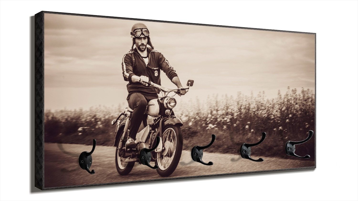 Wallario Garderobenpaneel Simson Fahrer in der DDR in Sepiafarben (1-teilig, inkl. Haken und Befestigung), 80x40cmHolz