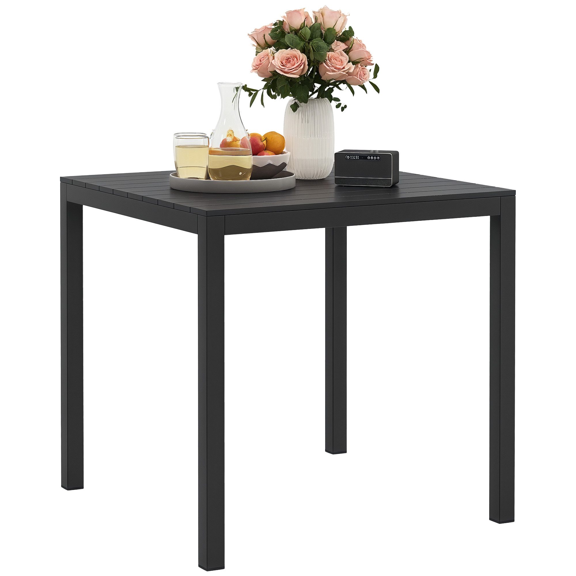 Outsunny Gartentisch mit Holzoptik, für 4 Personen (Campingtisch aus Aluminium, 1-St., wetterfest Buffettisch), 73x73 cm, für Garten, Terrasse Balkon Schwarz
