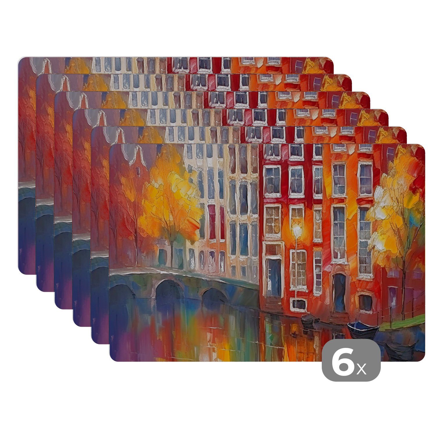 Platzmatte, Platzset, Amsterdam, Kunst (6-St), - Malerei Schmutzabweisend - Platzset, - Platzdecken, Grachtenhäuser MuchoWow, Tischmatten,