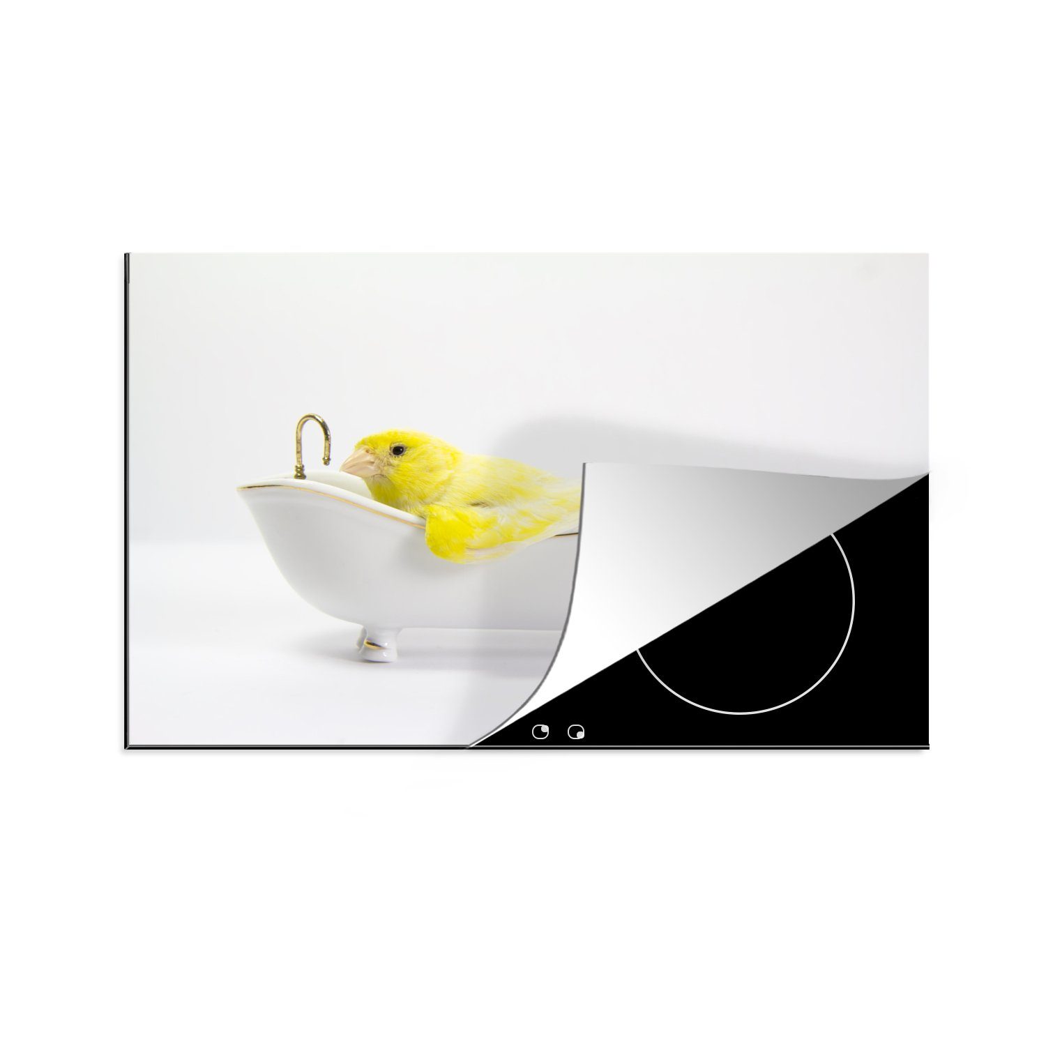 Gelber Vinyl, weißem Hintergrund Induktionskochfeld Kanarienvogel cm, Schutz Herdblende-/Abdeckplatte MuchoWow Ceranfeldabdeckung 81x52 in für der die Badewanne, tlg), küche, (1 auf