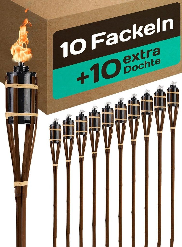 Praknu Gartenfackel 10 Garten Fackeln für Draußen aus Bambus Holz 90cm - Lange Brenndauer, Lange Brenndauer, wetterfest, wiederbefüllbar, mehrfach nutzbar, dekorative Beleuchtung für Garten & Events, Feuer, langlebig, nachfüllbar, inkl. Ersatzdochte, wind
