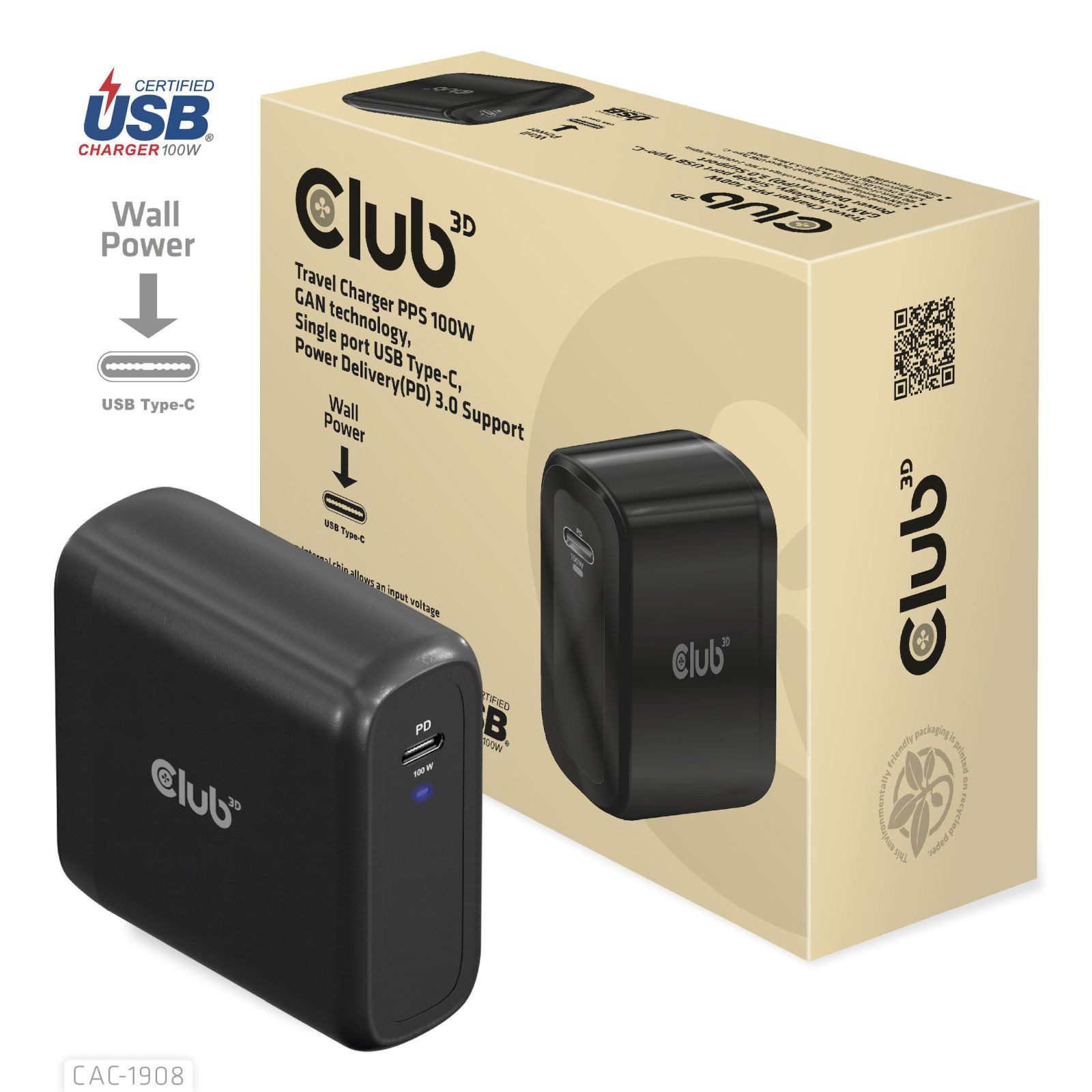 CLUB3D Ladegerät 1xUSB Typ C PD 100W GaN retail Smartphone-Ladegerät