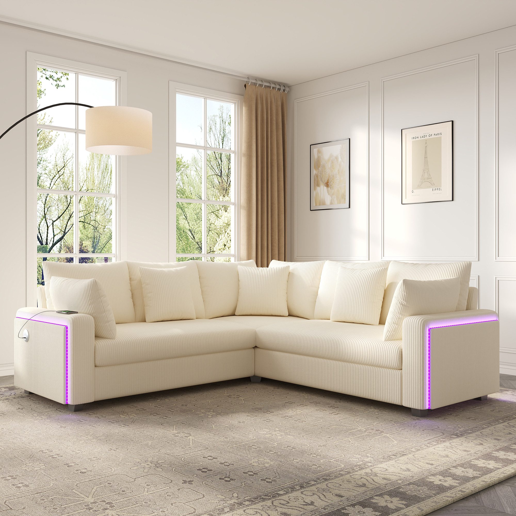 Merax Ecksofa mit LED-Beleuchtung und USB- & USB-C-Ladeanschluss, 198×198×83cm 1 Teile, L-förmiges Sofa Ecksofa, 5-Sitzer Couch mit Kissen, Cordstoff