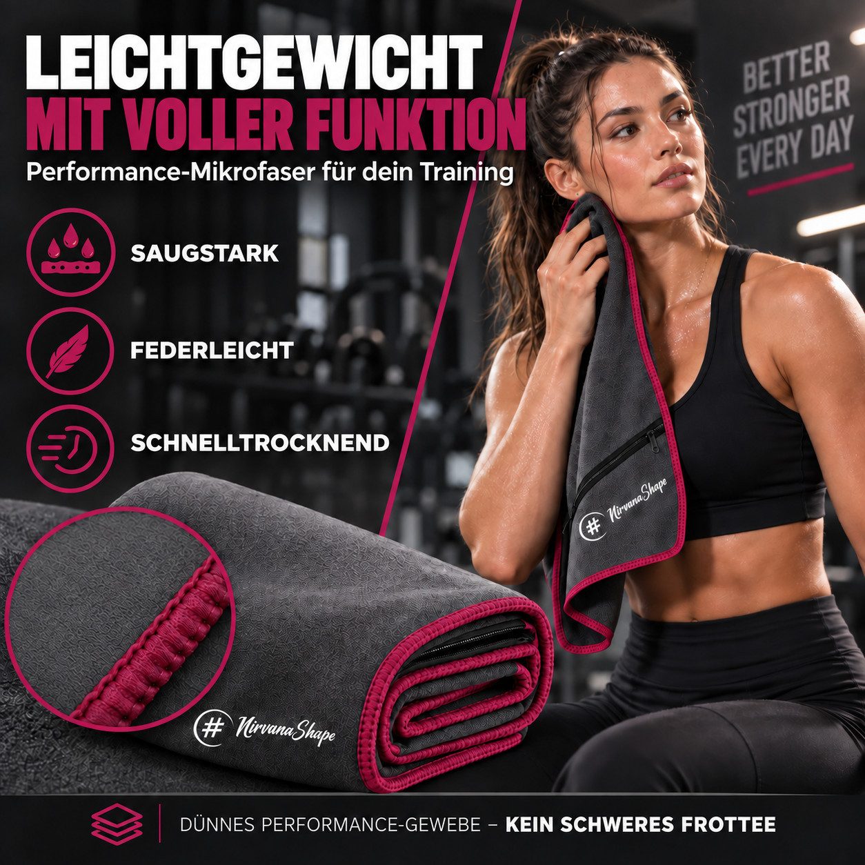 NirvanaShape Sporthandtuch NirvanaShape Mikrofaser Fitnesshandtuch mit Ecktasche und Knöpfen, saugfähig, leicht, schnelltrocknend, für Reisen, Fitness, Yoga, Sa – Bild 2 von 5