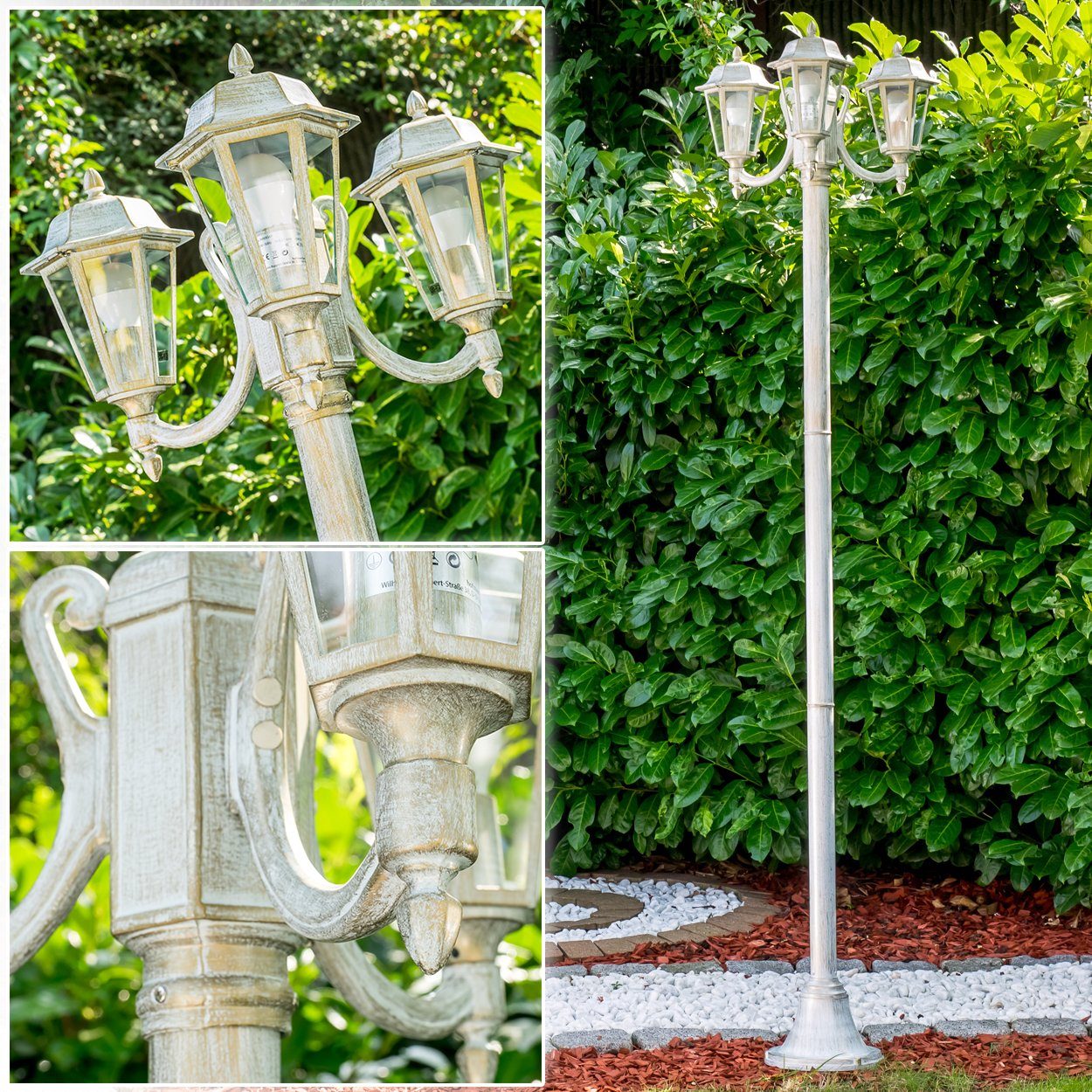 hofstein Außen-Stehlampe »Parco« Außenleuchte Kandelaber in antikem Look, ohne Leuchtmittel, Aluguss in Weiß/Gold mit Milchglas-Scheiben, 3-armig, E27, IP44