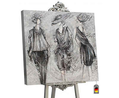 YS-Art Gemälde Podest, Menschen, Leinwand Bild Handgemalt 3 Frauen Modenschau mit Hut