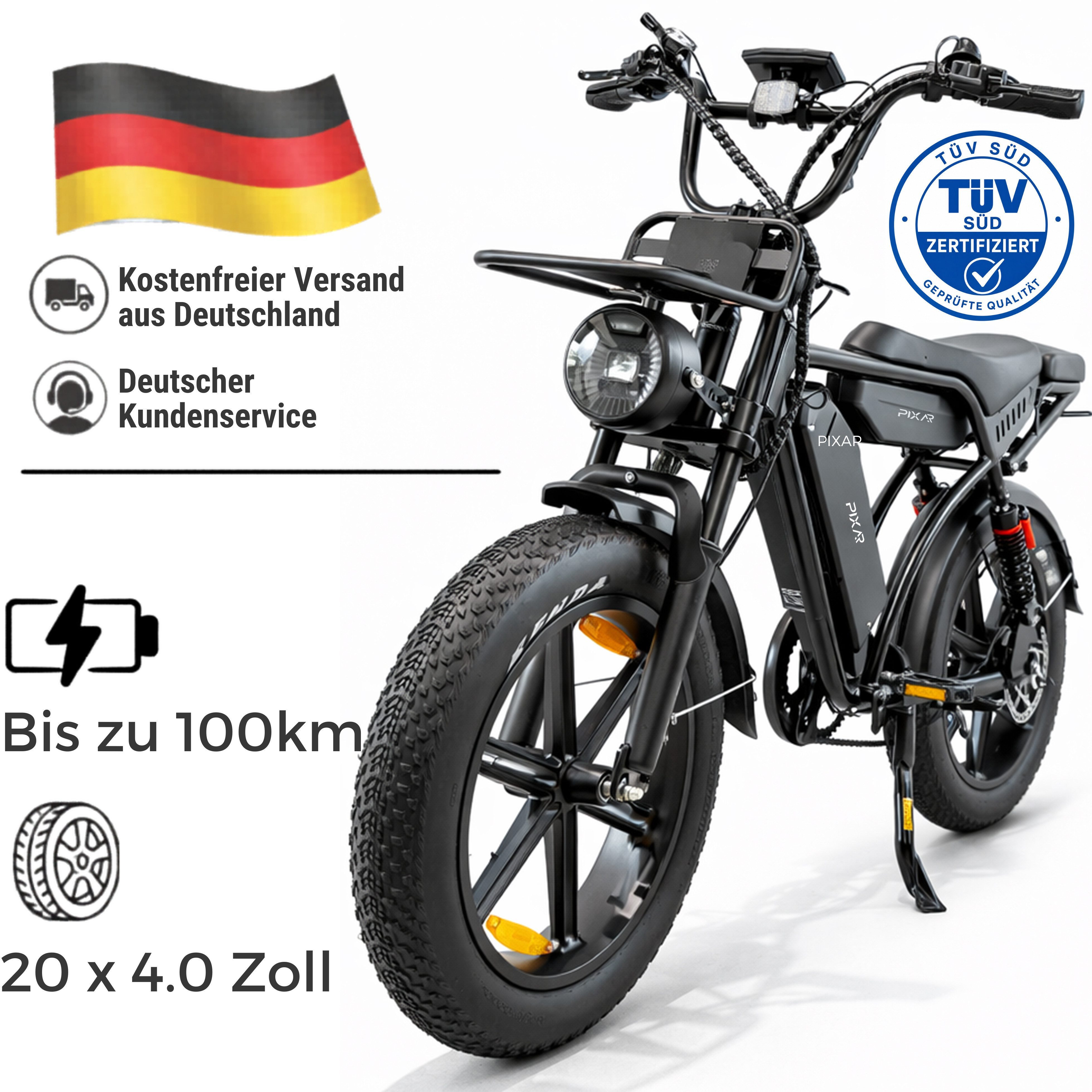 E-Bike Mountainbike Elektrofahrrad 48V 35Ah Akku (100km), 250W Heckmotor, Shimano 7-Gang