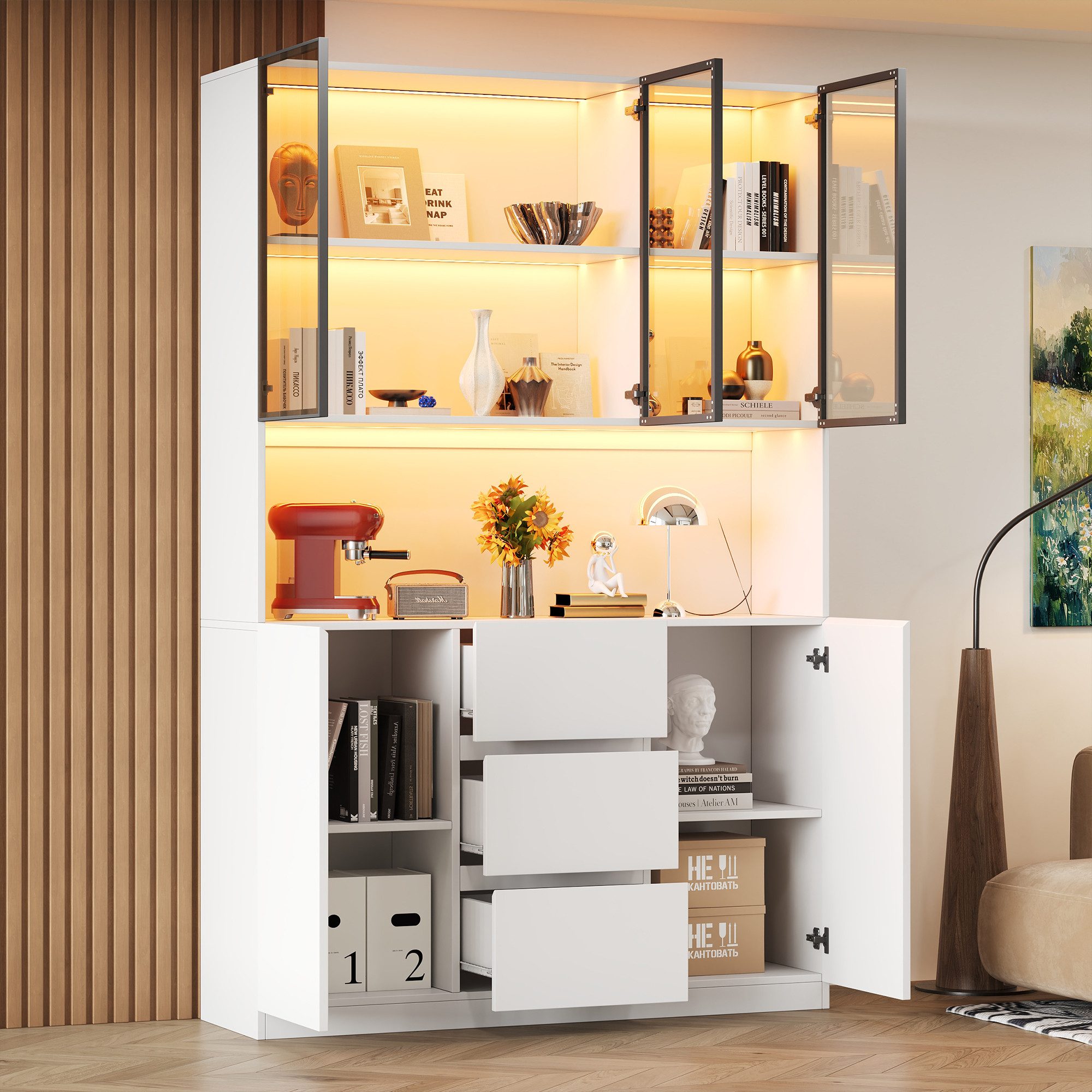 Flieks Küchenbuffet Hochschrank mit LED-Beleuchtung, Glastüren und 3 Schubladen (1-St., B120×T40×H200 cm) Glasvitrine Küchenschrank Mehrzweckschrank mit Arbeitsplatte