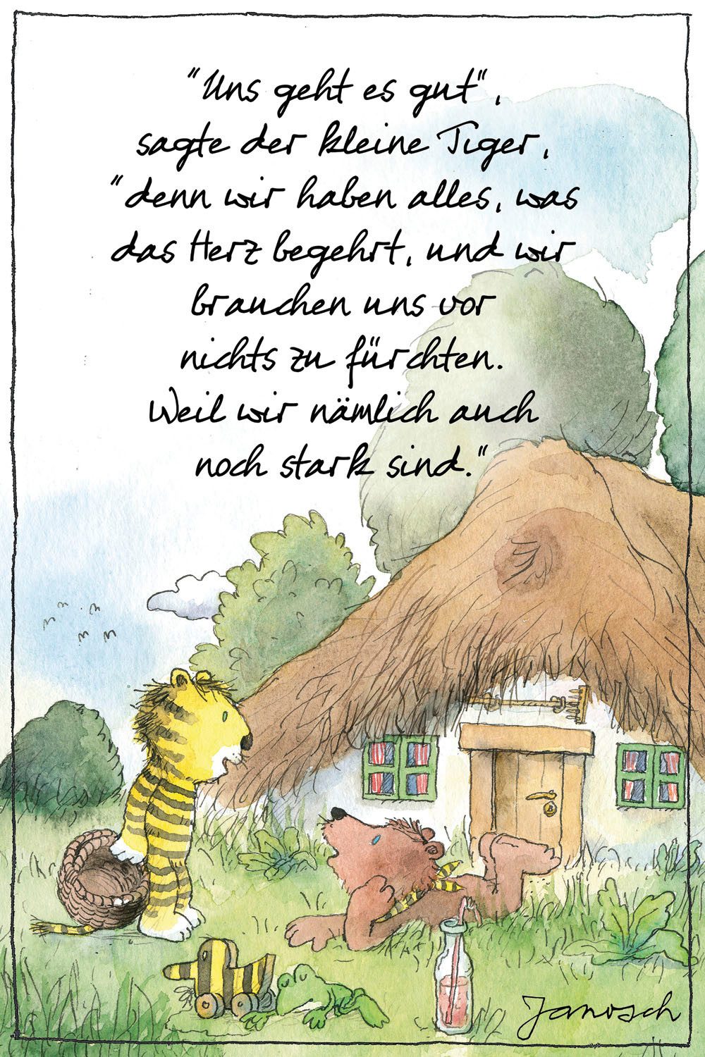 LuckyLinde Leinwandbild Der kleine Bär und der kleine Tiger vor ihrem Haus, Blumen, Bär, Bären, Ente, Enten, Figuren, Filmfiguren, Frosch, Liebessprüche, Motivationsbilder, Natur, Schriftzug, Sprüche, Teddy, Tiere, Tiger, little star (1 St), Exklusive JANOSCH Kindermotive