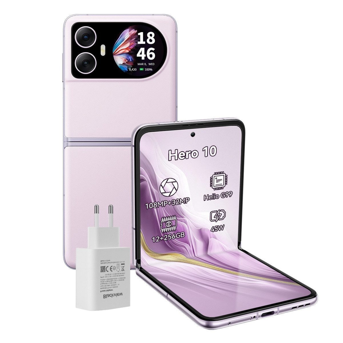blackview Hero10 klapp handy Ohne Vertrag Zwei Bildschirmen incl. 45W Ladegerät Smartphone (6,9 Zoll, 256 GB Speicherplatz, 108 MP Kamera, 6,9", 2.5K, 108MP, Helio G99, 12+256GB, 45W, NFC)