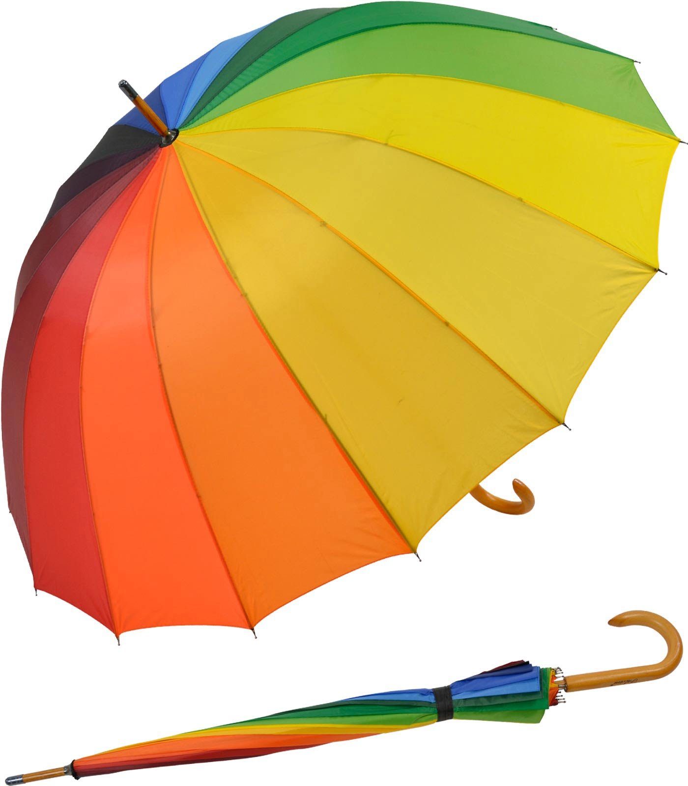 Impliva Langregenschirm Falcone® Regenbogen Schirm Holzstock mit Holzgriff, sehr bunt und farbenfroh im Rainbow-Look