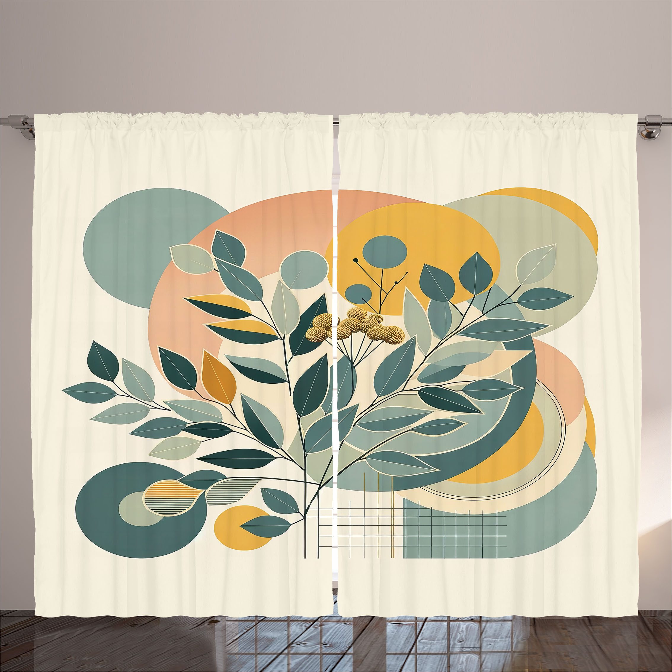 Gardine Schlafzimmer Kräuselband Vorhang mit Schlaufen und Haken, Abakuhaus, Eukalyptusblätter Moderne geometrische Natur Mid Century