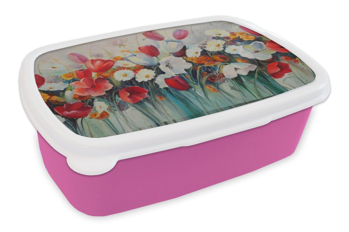 MuchoWow Lunchbox Brotdose Brotbox Mädchen, Blumen, Ölgemälde Erwachsene, Kunststoff, - rosa - Kinder, Snackbox, (2-tlg), Malerei für Kunststoff