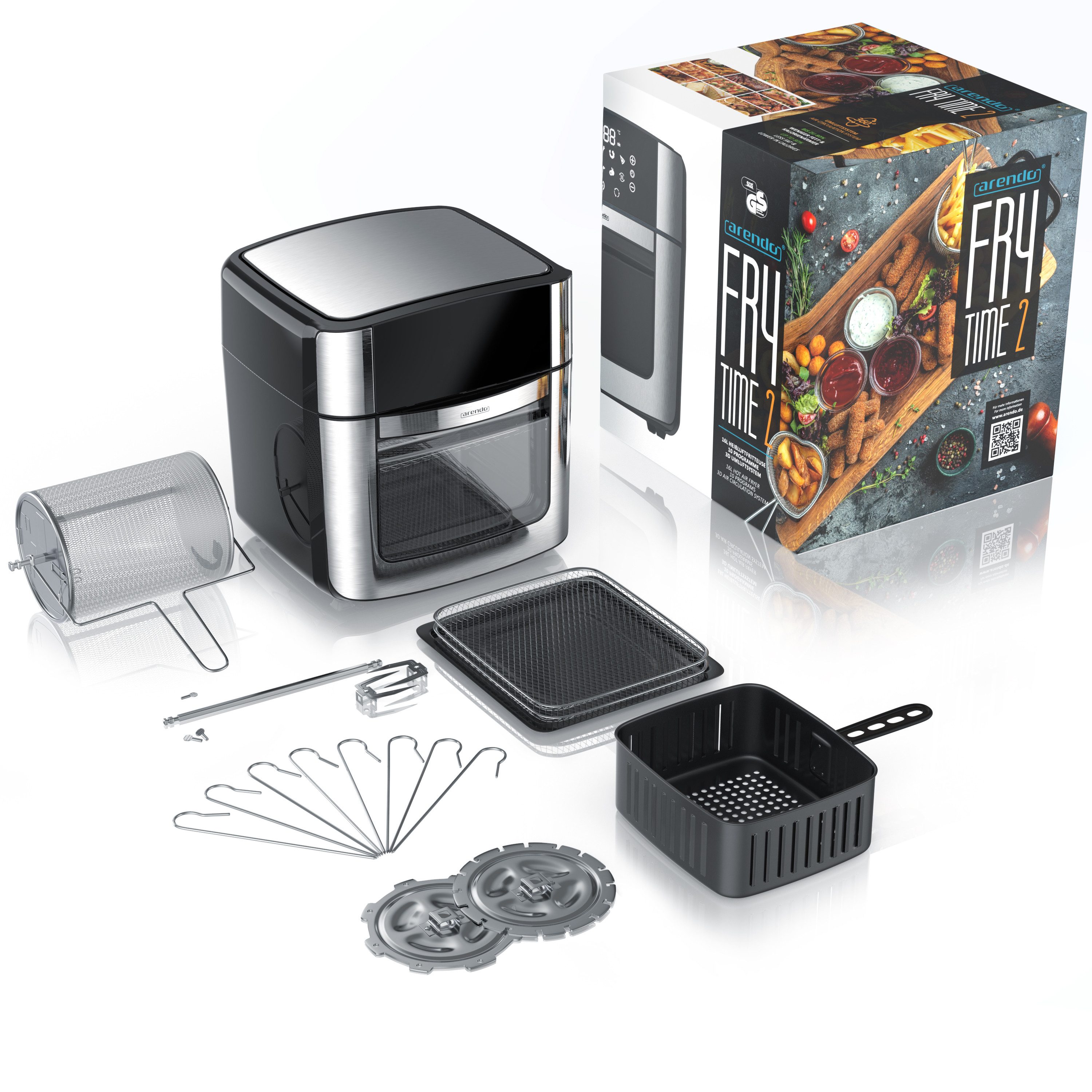 Arendo Heißluftfritteuse Multifunktionsofen 16L, Backofen Umluft, Grill, Dörrautomat, Air Fryer, 1800 W, XXL Fritteuse ohne Öl mit Zubehör für Pizza, Hähnchen, Pommes uvm.