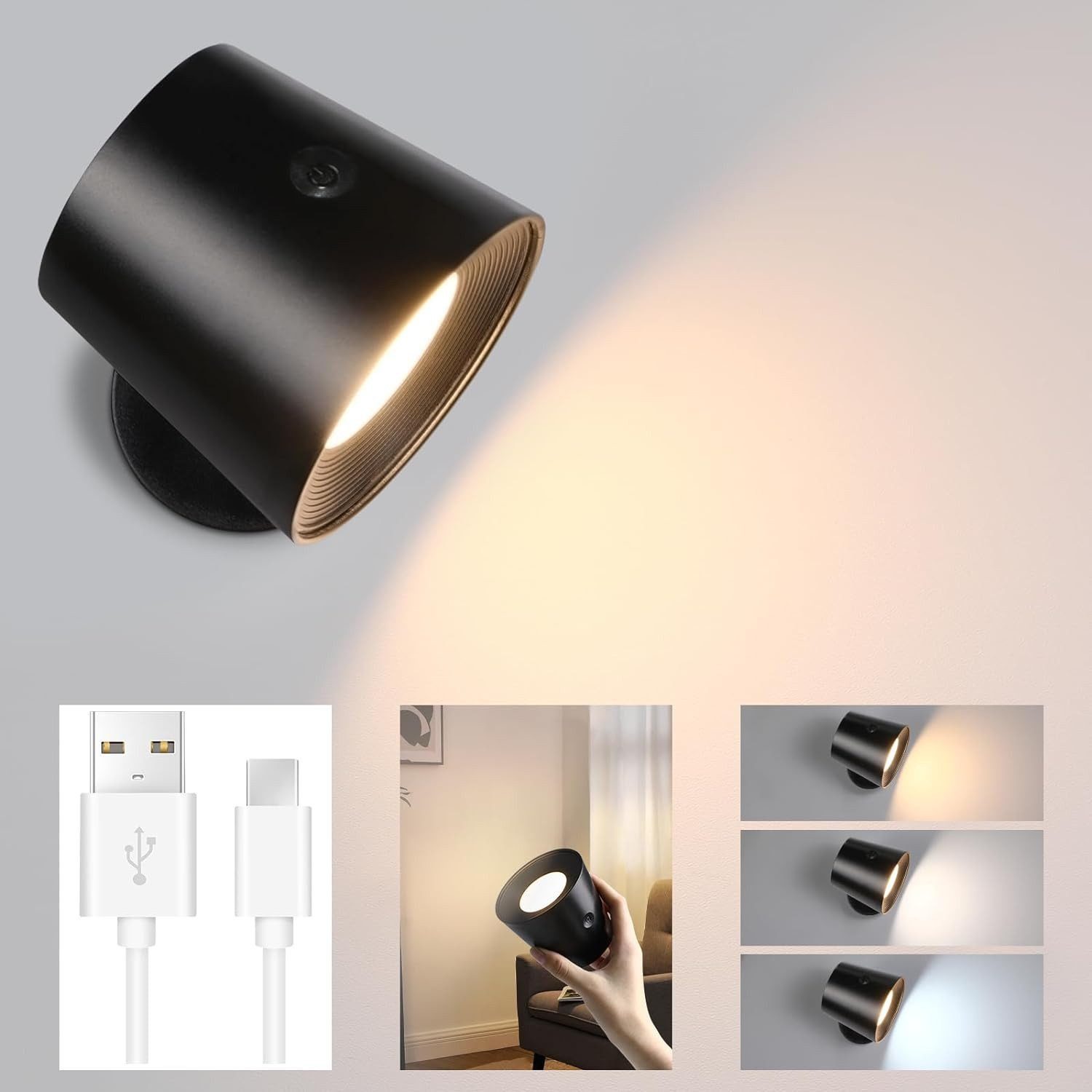 Nettlife LED Wandleuchte Wandlampe Touch 3 Helligkeitsstufen Kabellose, 360° Drehbar, LED fest integriert, Warmweiß Neutralweiß Kaltweiß, Wohnzimmer Kinder Wohnzimmer Schlafzimmer Flur
