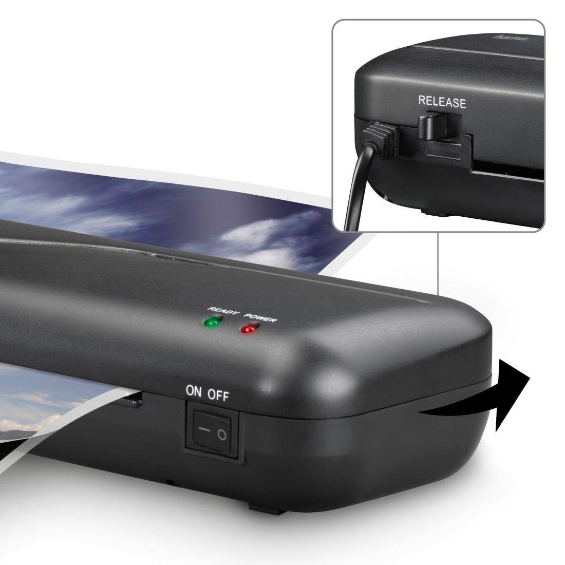 Hama Laminiergerät Laminator 4in1-Set für DIN A4, 2 Rollen, Tischgerät, schwarz, Mit Laminierfolien, Schneidlineal, Eckenrunder und Entriegelungstaste – Bild 5 von 5