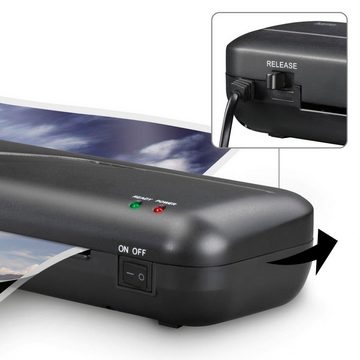 Hama Laminiergerät Laminator 4in1-Set für DIN A4, 2 Rollen, Tischgerät, schwarz, Mit Laminierfolien, Schneidlineal, Eckenrunder und Entriegelungstaste