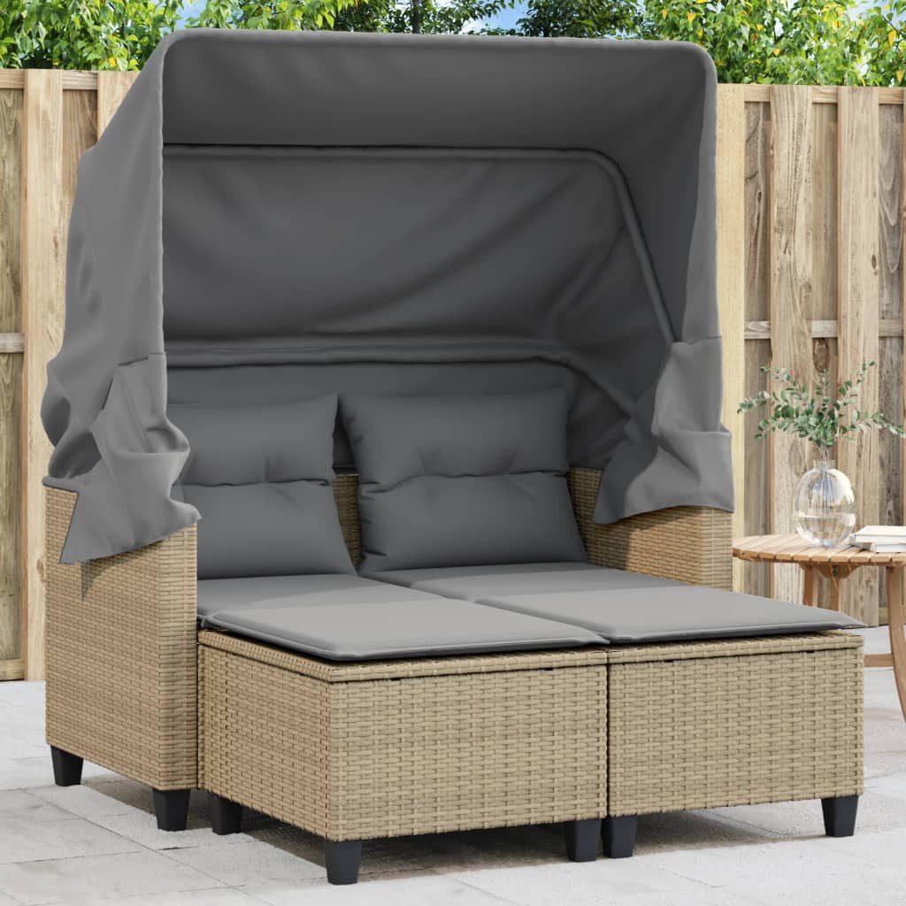 vidaXL Loungesofa Gartensofa 2Sitzer mit Dach und Hockern Beige Poly