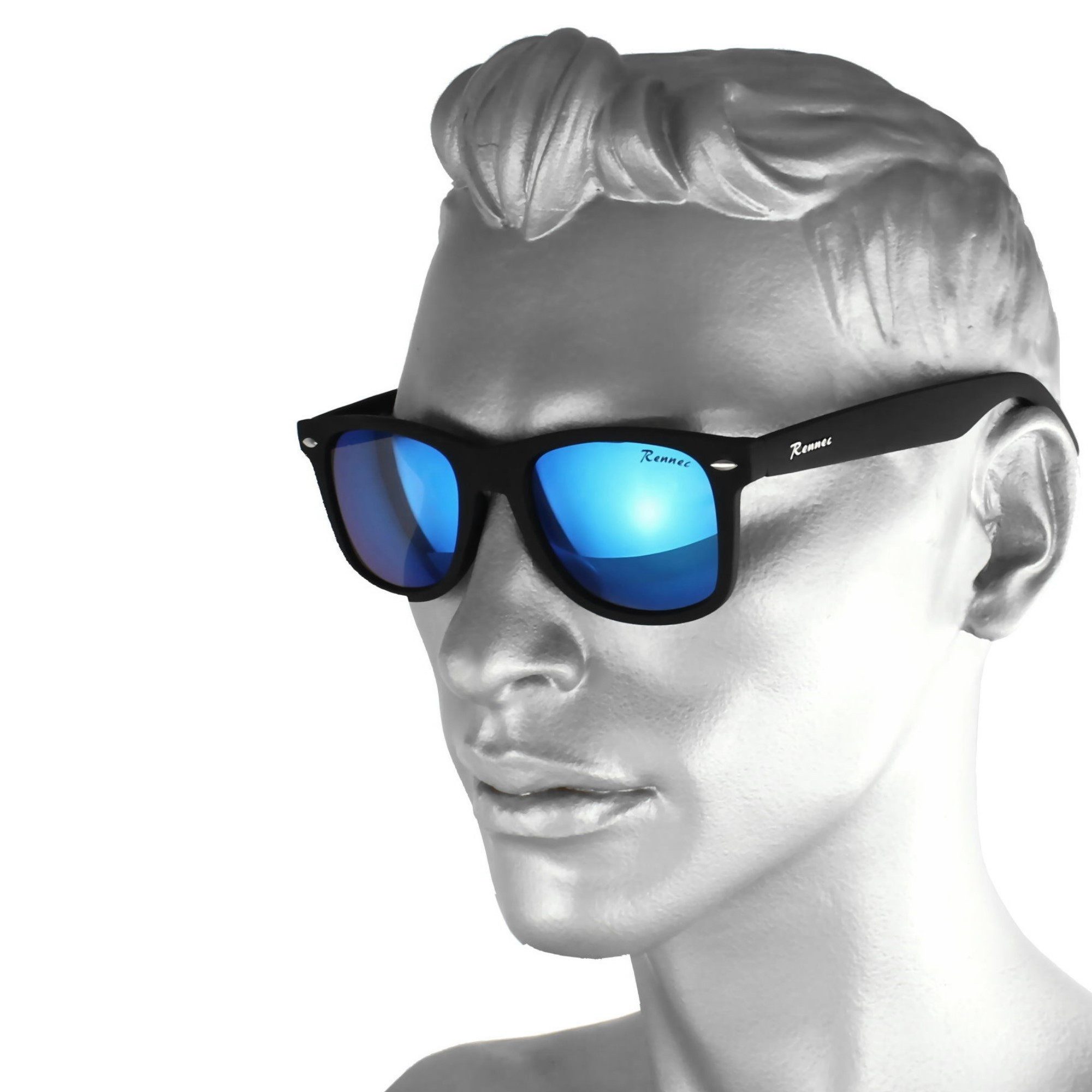 Rennec Sonnenbrille (Retro Markenbrille Schwarz Matt Rubber mit Brillenbeutel) Gläser Blau Verspiegelt Bügel mit 3in2 Bügelgelenke Markenschriftzug